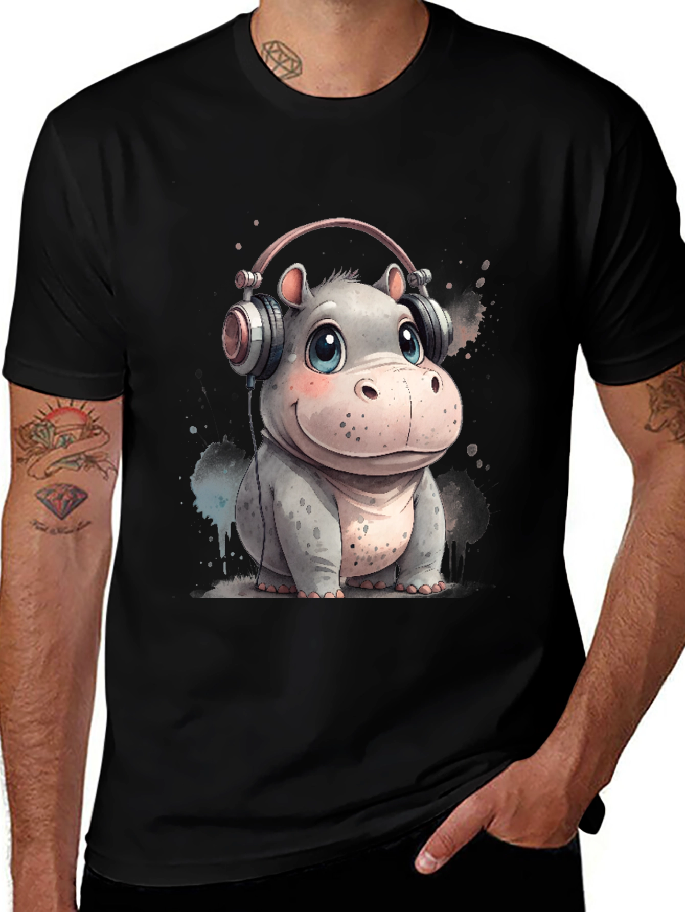 Variant 23 of Hippo in Headphones Graphic Tee - Black Cotton T-Shirt