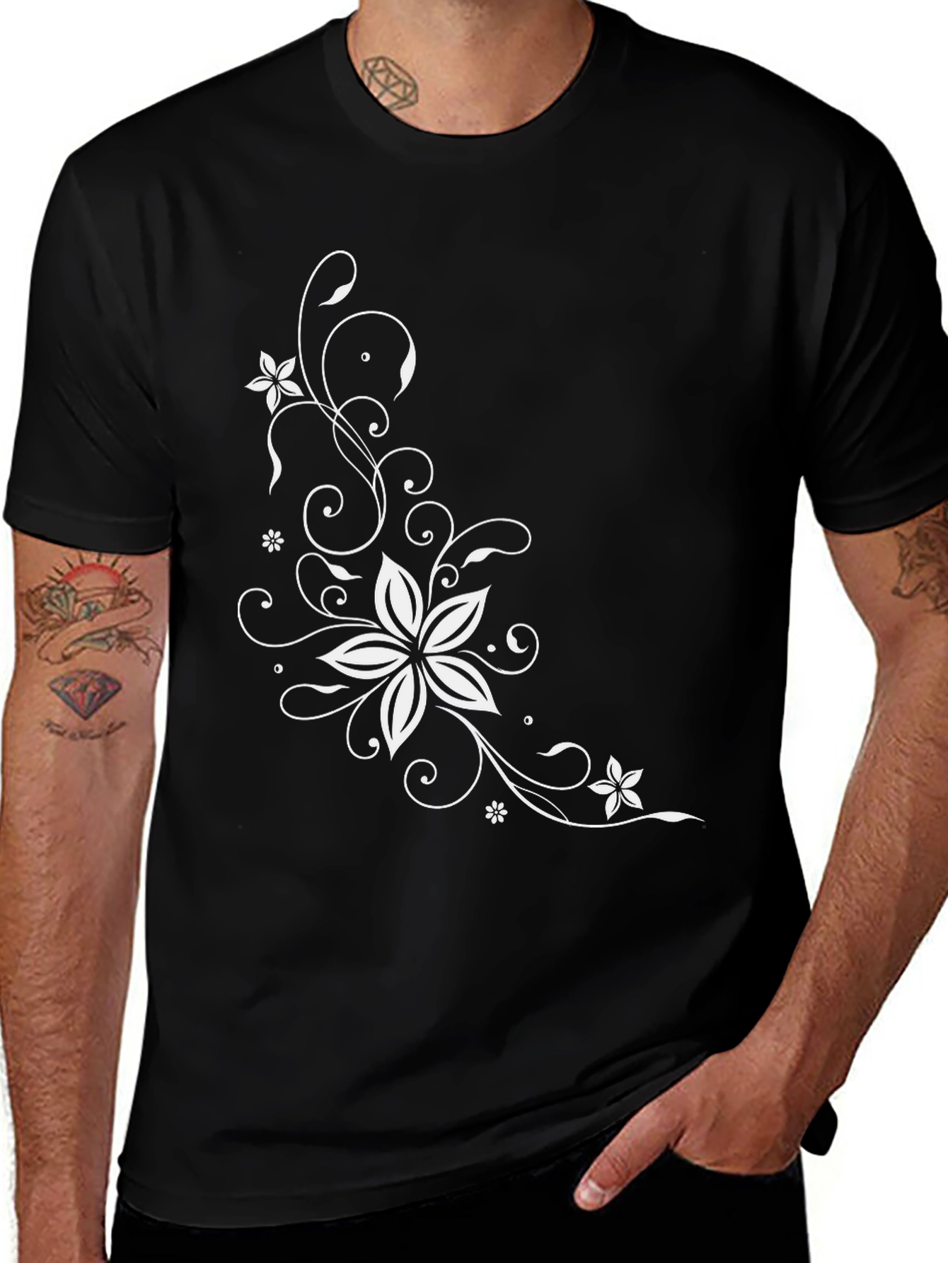 Variant 4 of Floral Swirl Graphic Tee - Black Cotton Comfort