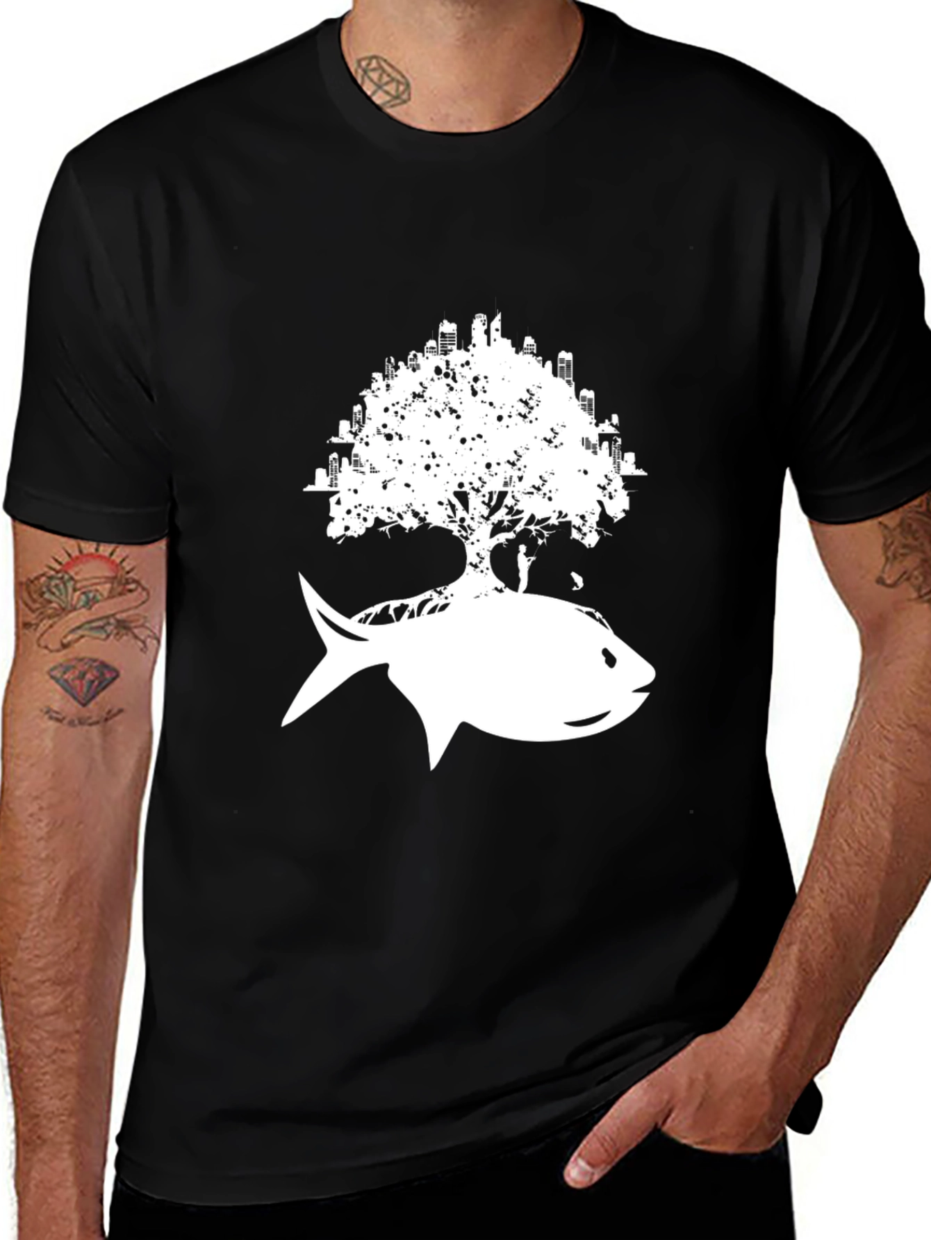 Variant 2 of Urban Fish Tree Graphic Tee - Black Cotton T-Shirt