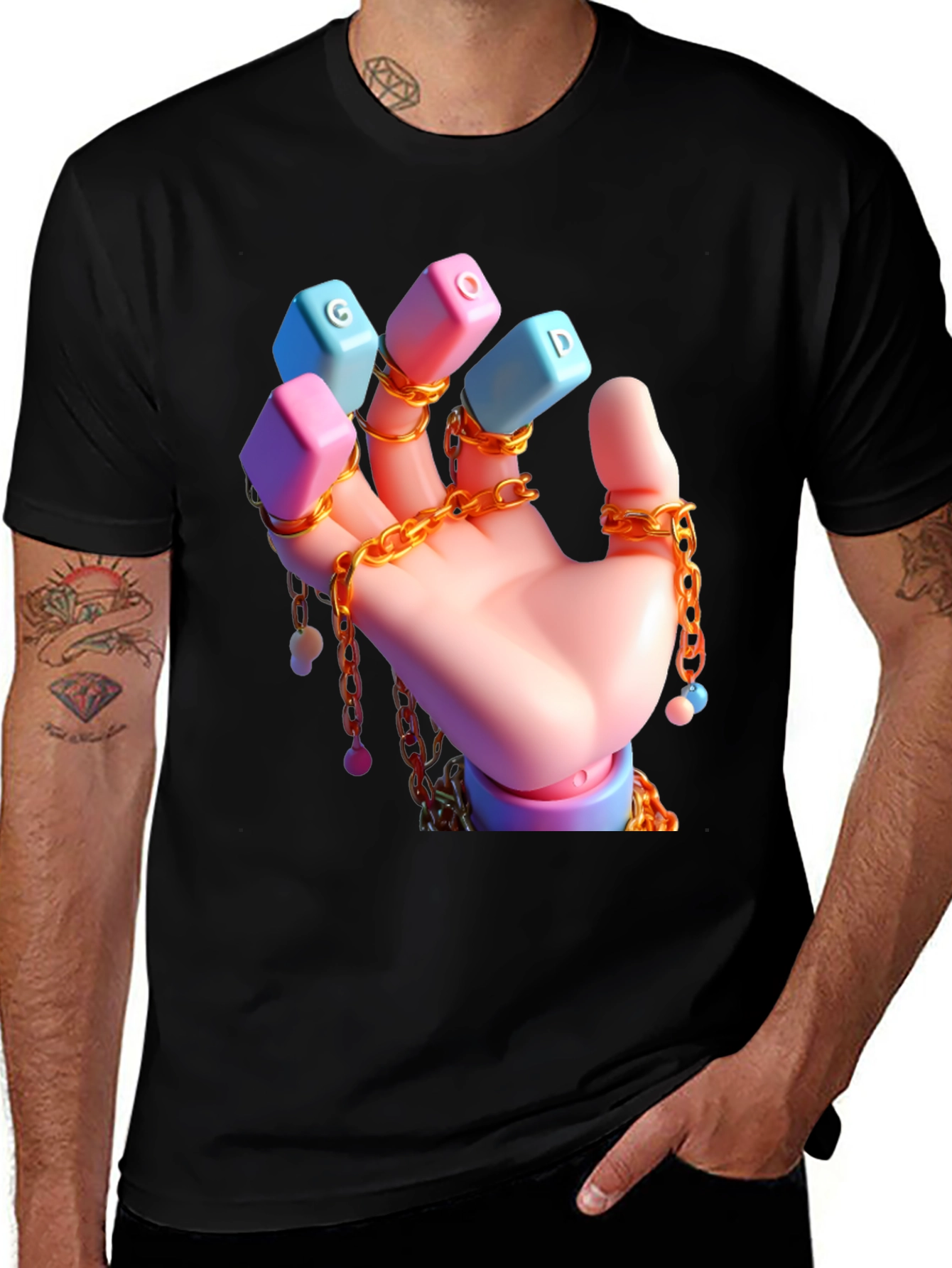 Unique Graphic Tee - Cartoon Hand With Chains