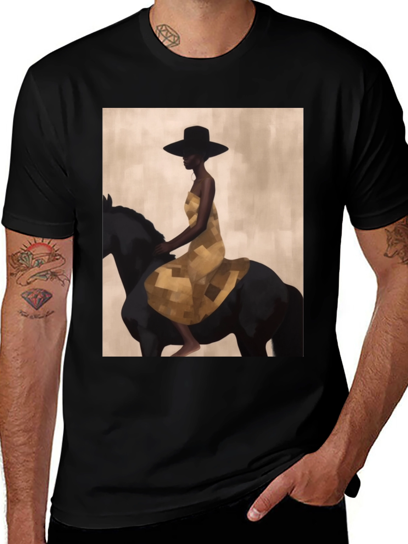 Variant 18 of Black T-Shirt with Woman Riding Horse Design