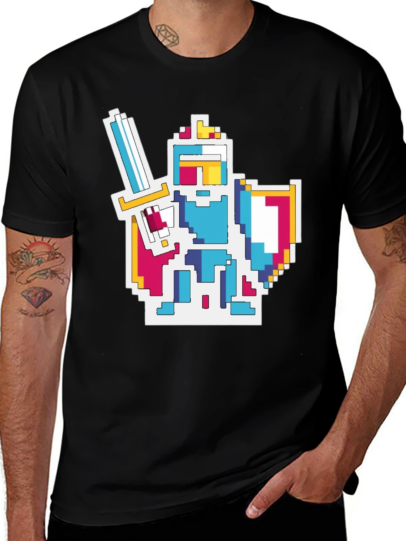 Black Pixel Knight Graphic Tee - Black Cotton Blend T-Shirt main image