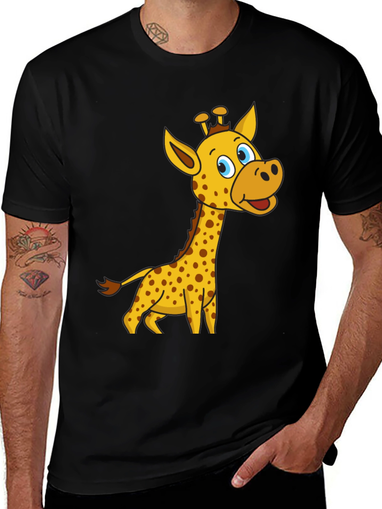 Cartoon Giraffe Graphic Tee - Unisex Black T-Shirt