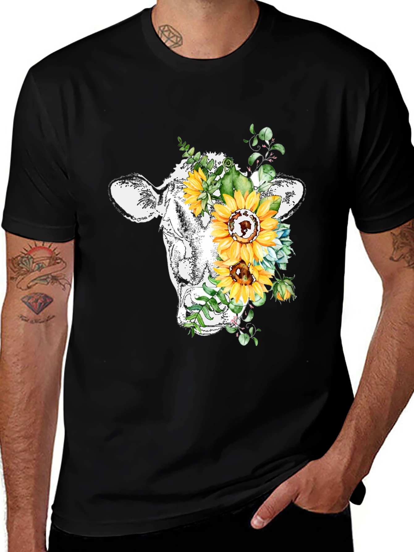 Variant 14 of Floral Cow Graphic Tee - Black Casual T-Shirt