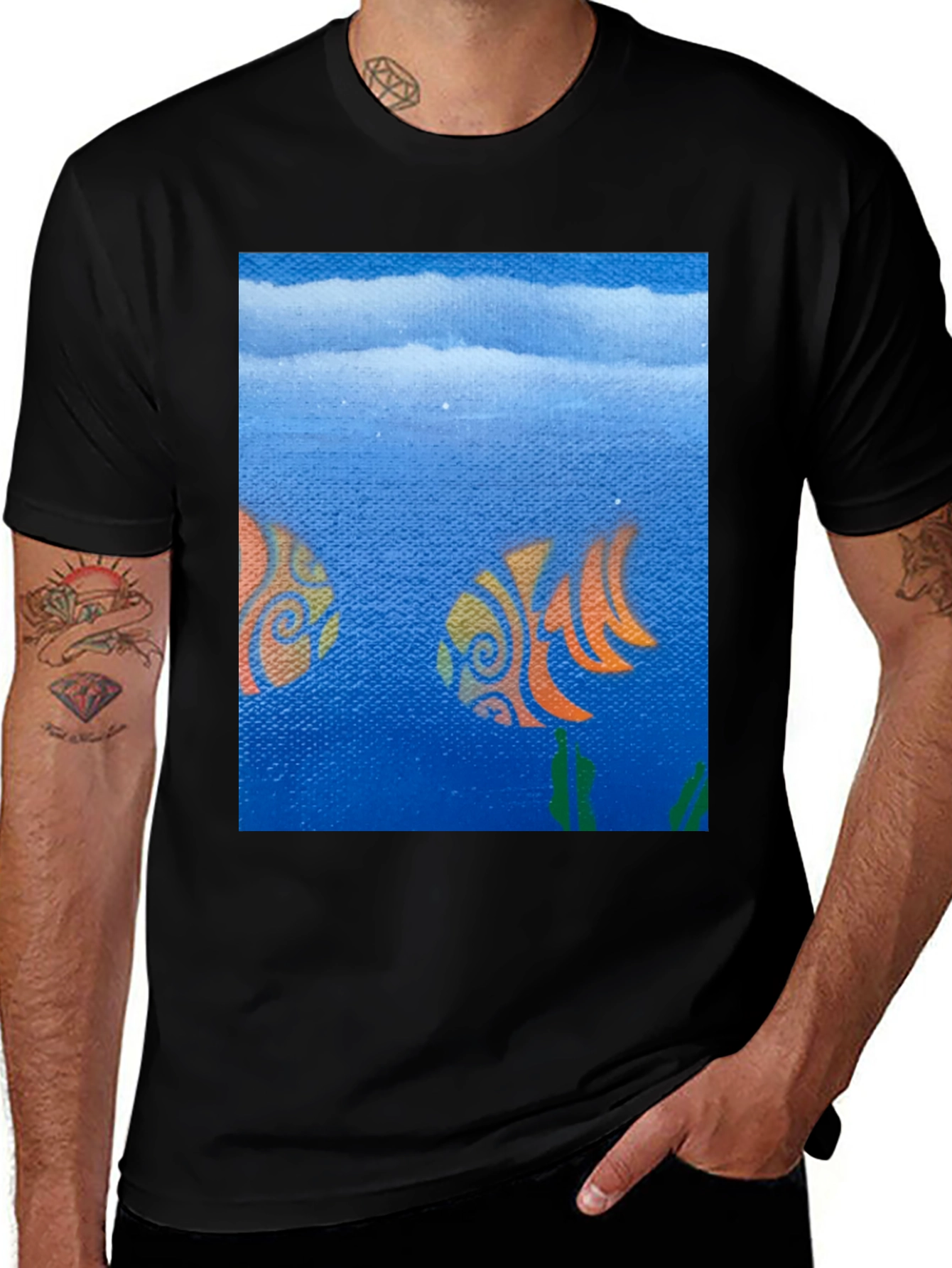 Variant 30 of Artistic Fish Graphic Tee - Black Cotton T-Shirt