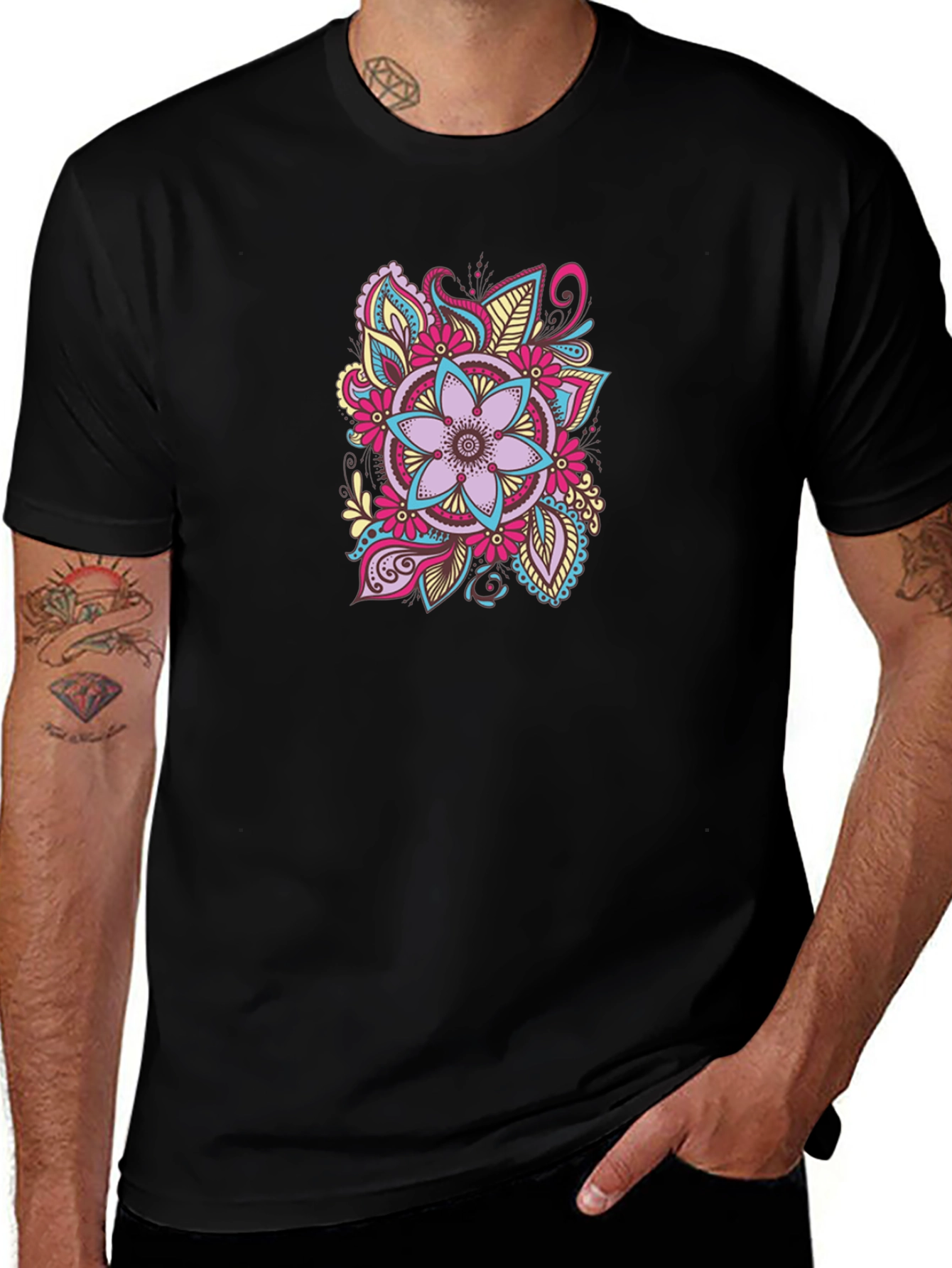 Variant 13 of Floral Mandala Graphic Print Black T-Shirt