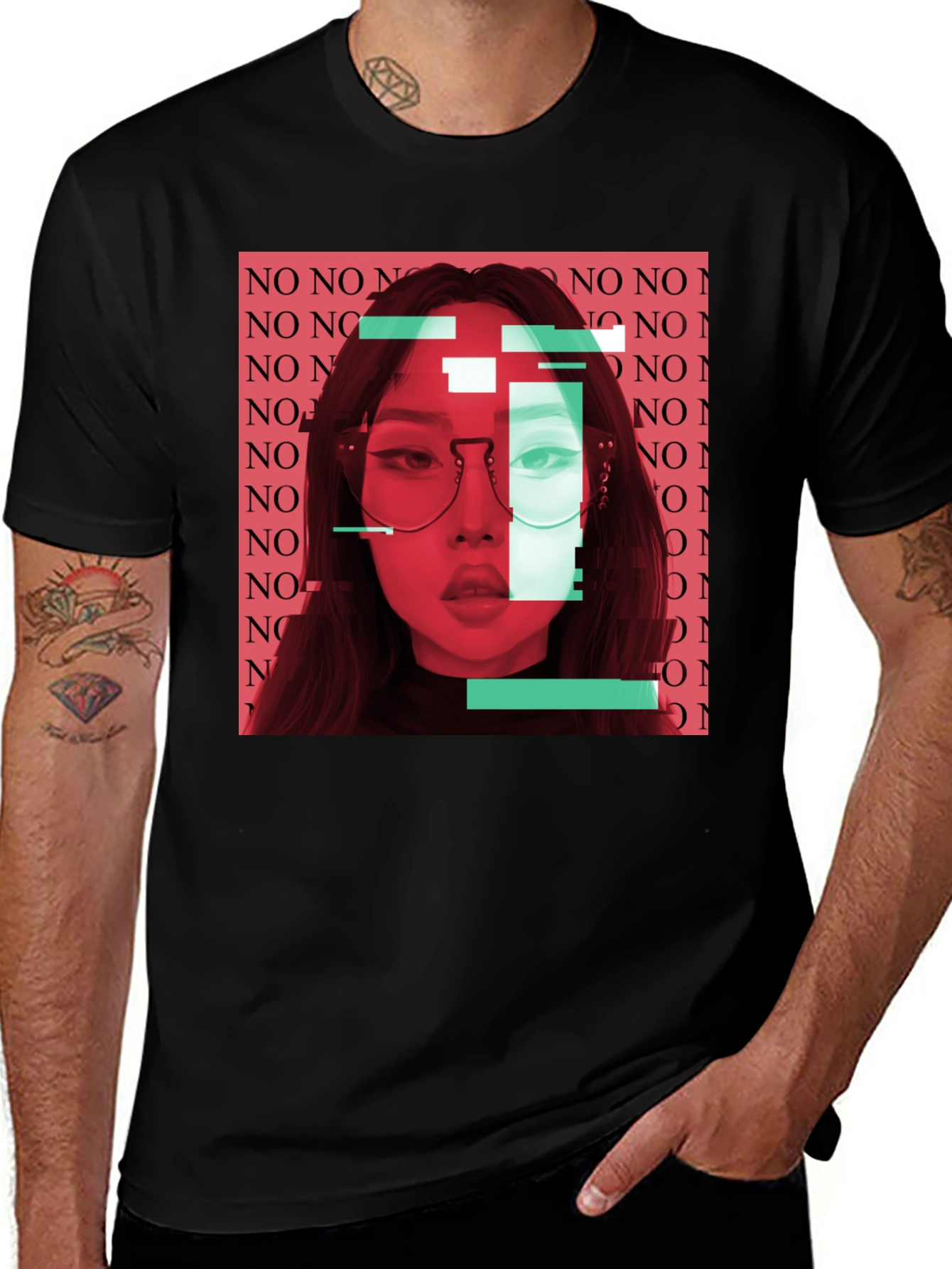 Variant 2 of Glitch Art Woman Graphic Print Black T-Shirt