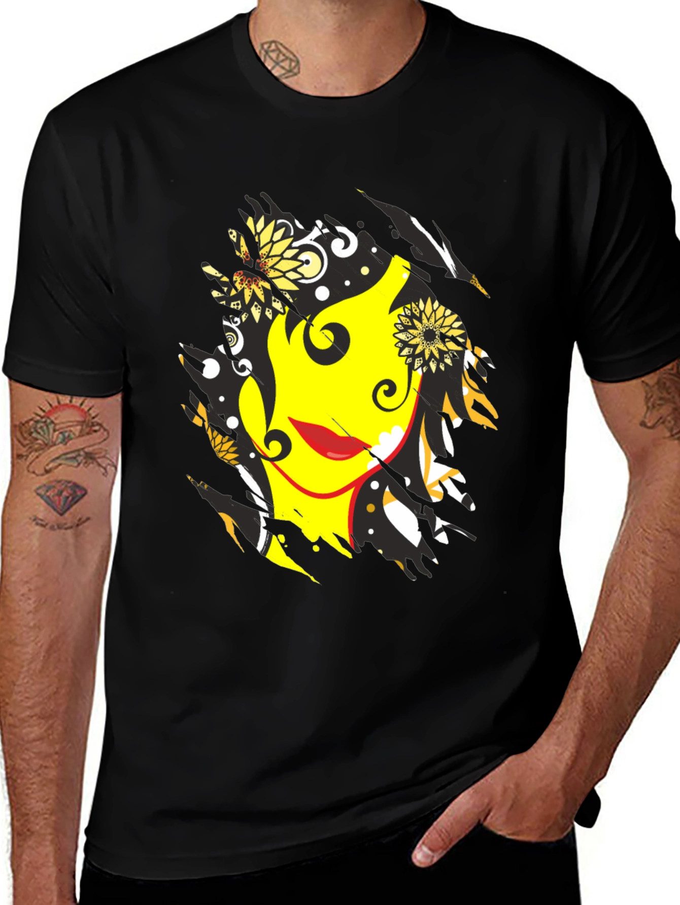 Variant 22 of Abstract Floral Face Graphic Men's Black T-Shirt
