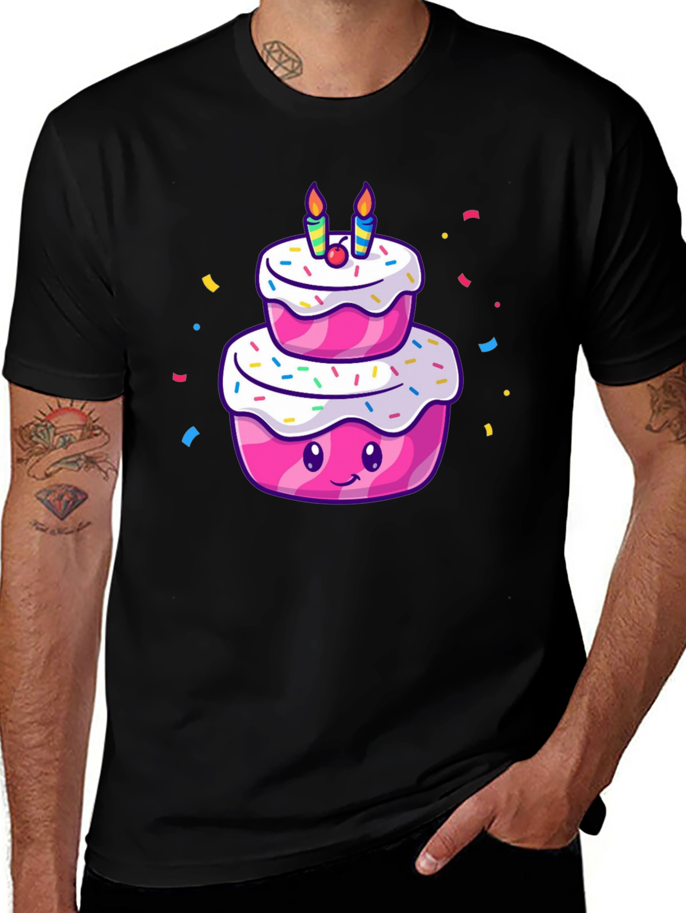 Variant 25 of Cartoon Birthday Cake T-Shirt - Black Cotton Tee