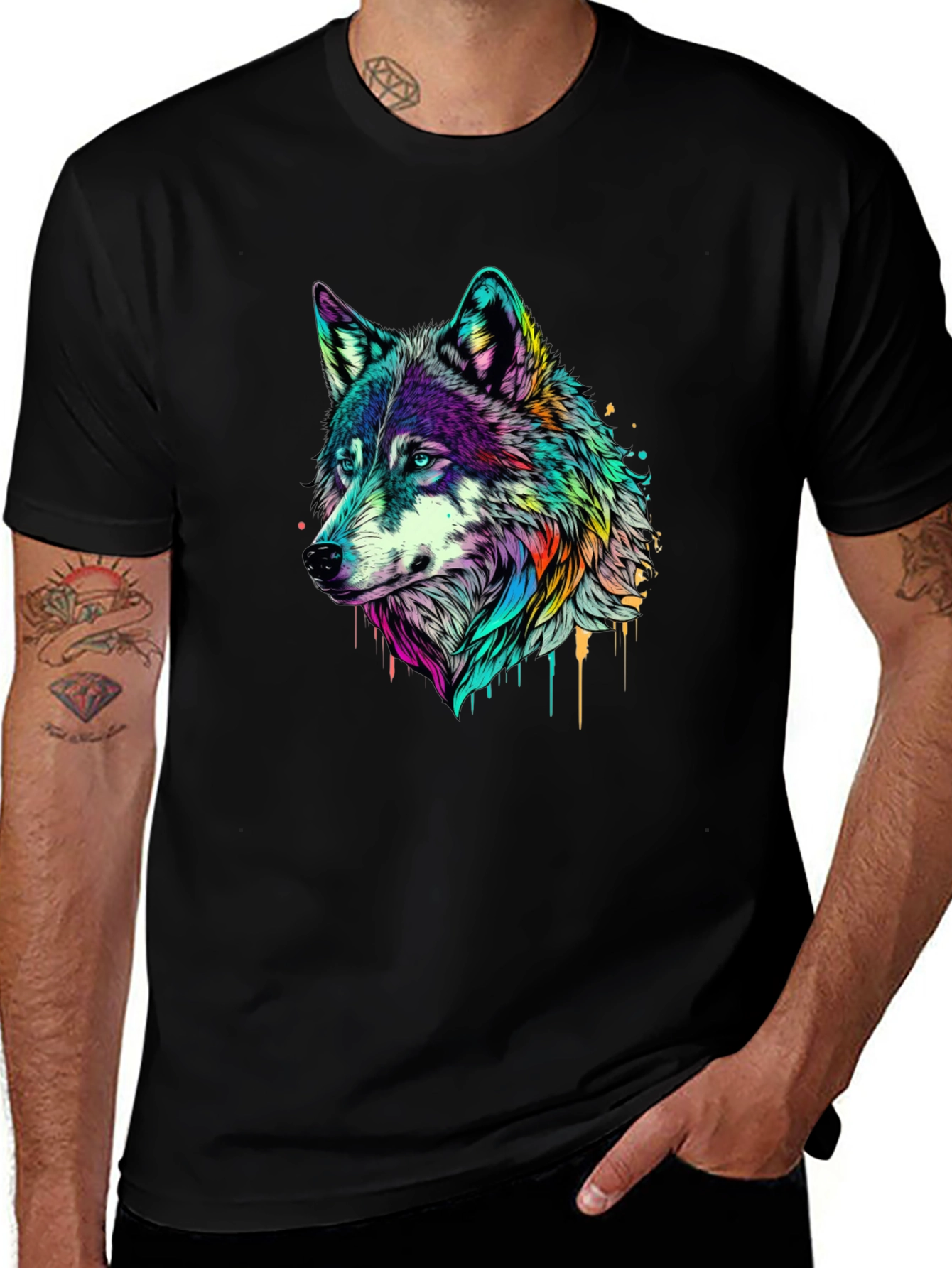 Variant 14 of Colorful Wolf Graphic T-Shirt - Men's Black Tee