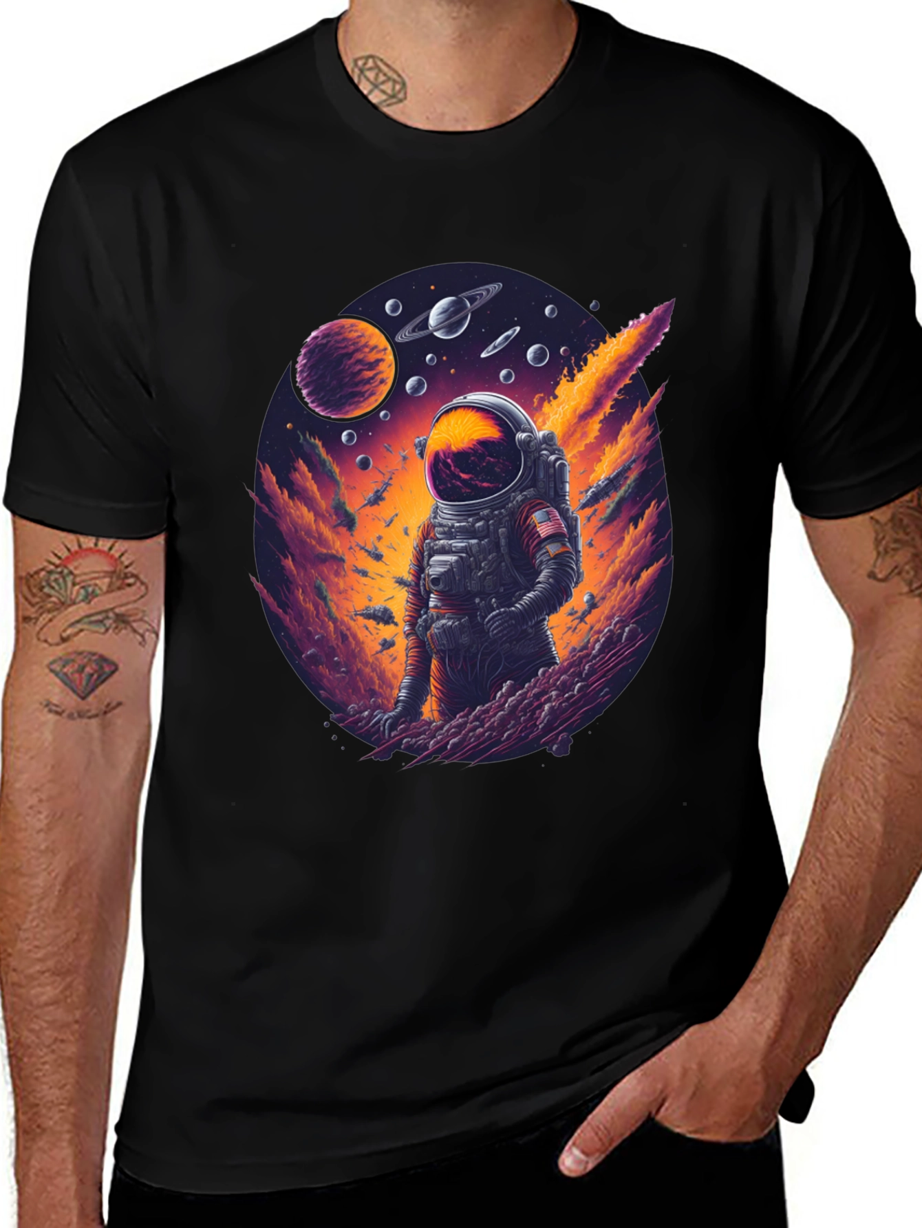Astronaut in Space Black T-Shirt - Galaxy Design