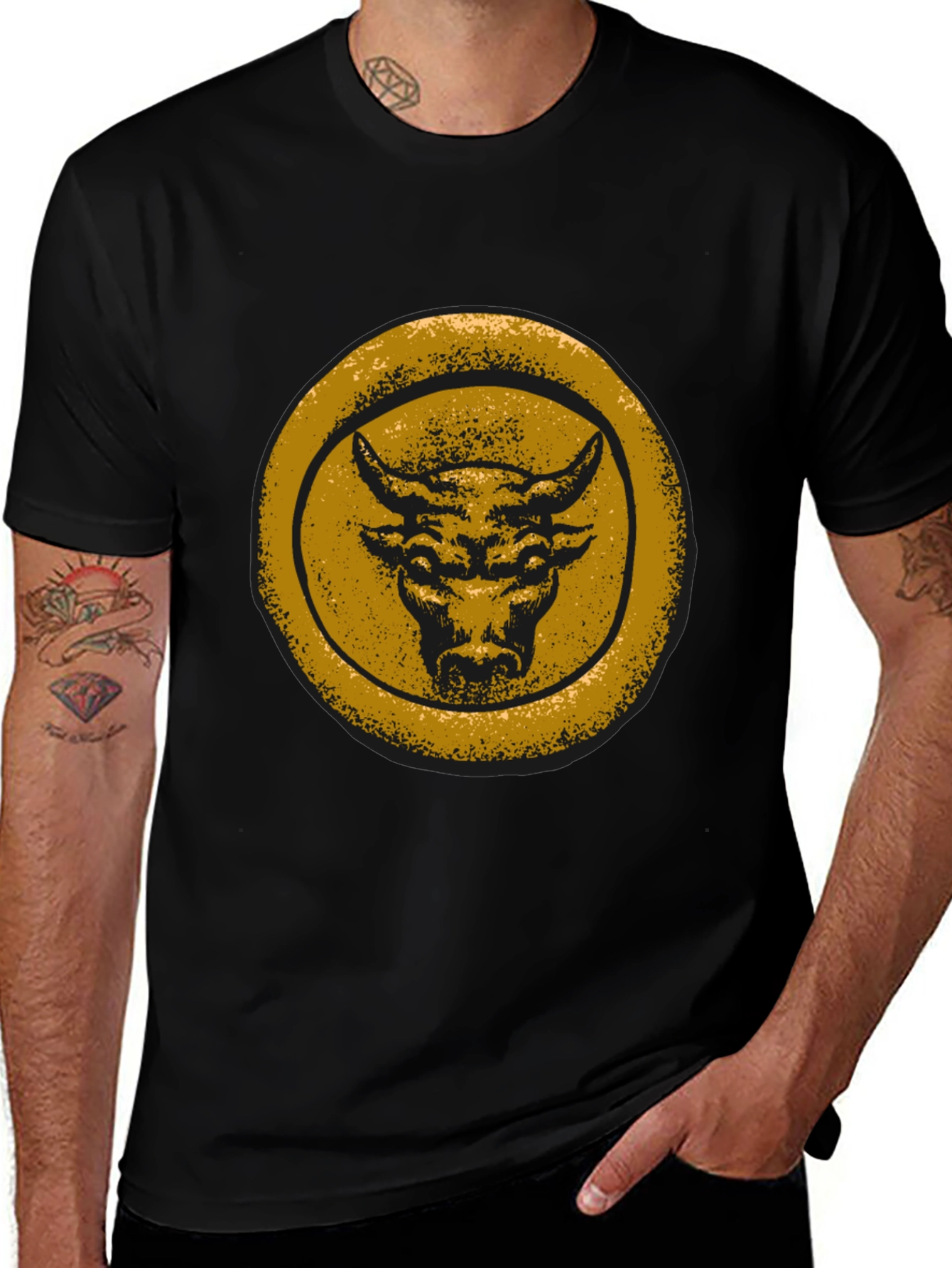 Variant 23 of Bull Graphic Tee - Distressed Gold Print on Black