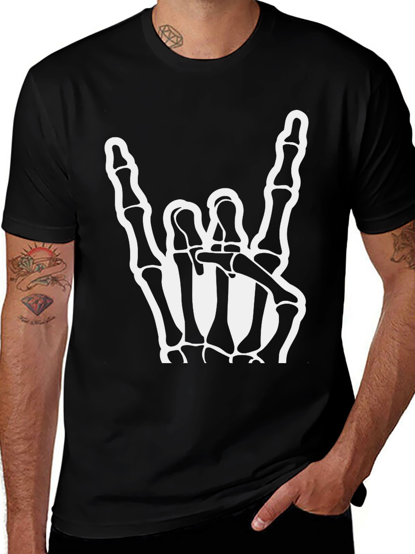 Black Rock On Skeleton Hand Black T-Shirt main image
