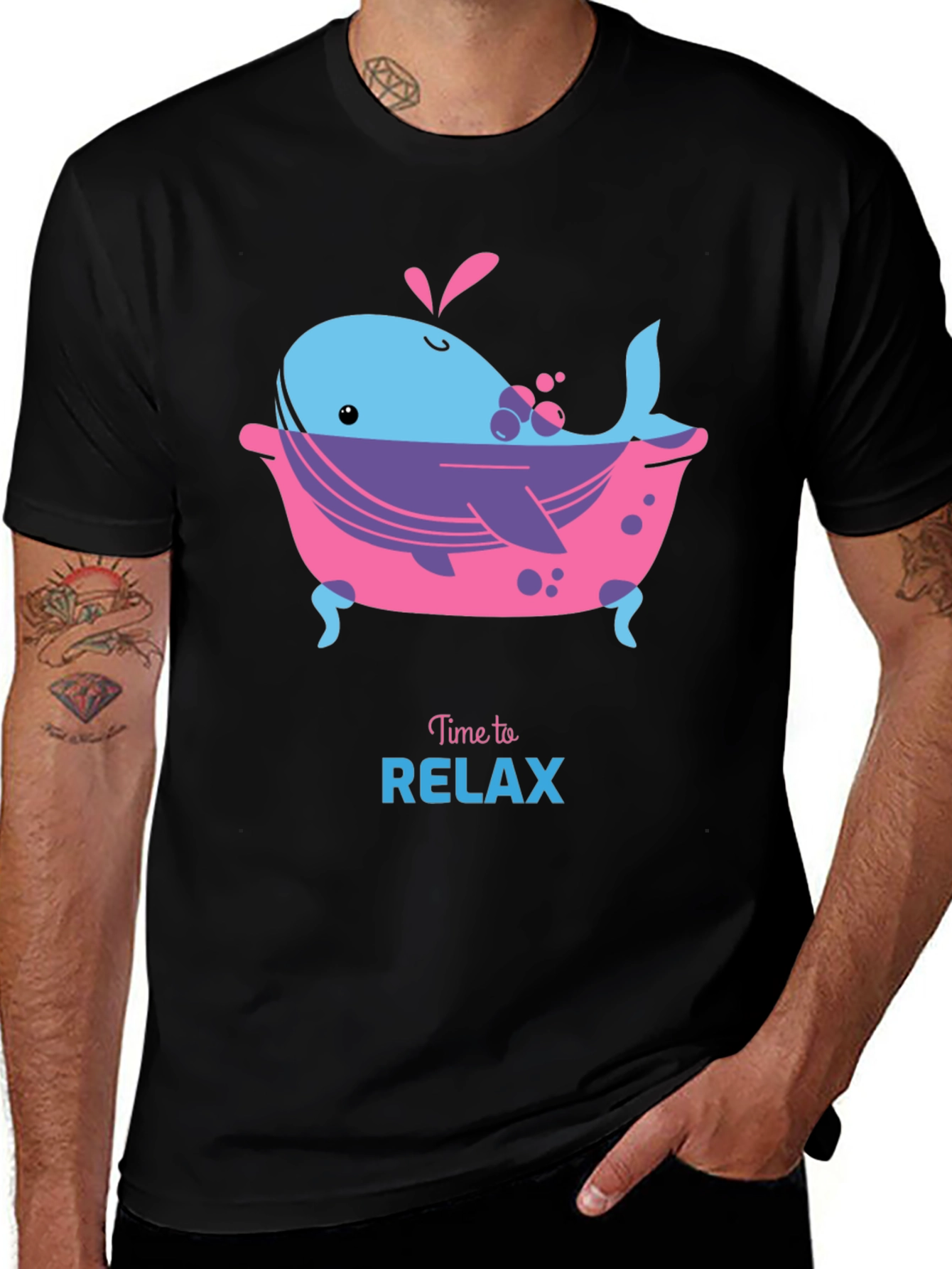 Variant 13 of Time to Relax Whale in Tub Black T-Shirt