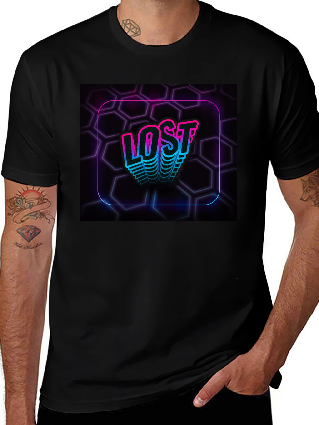 Variant 27 of Lost Neon Hexagon Graphic Black T-Shirt