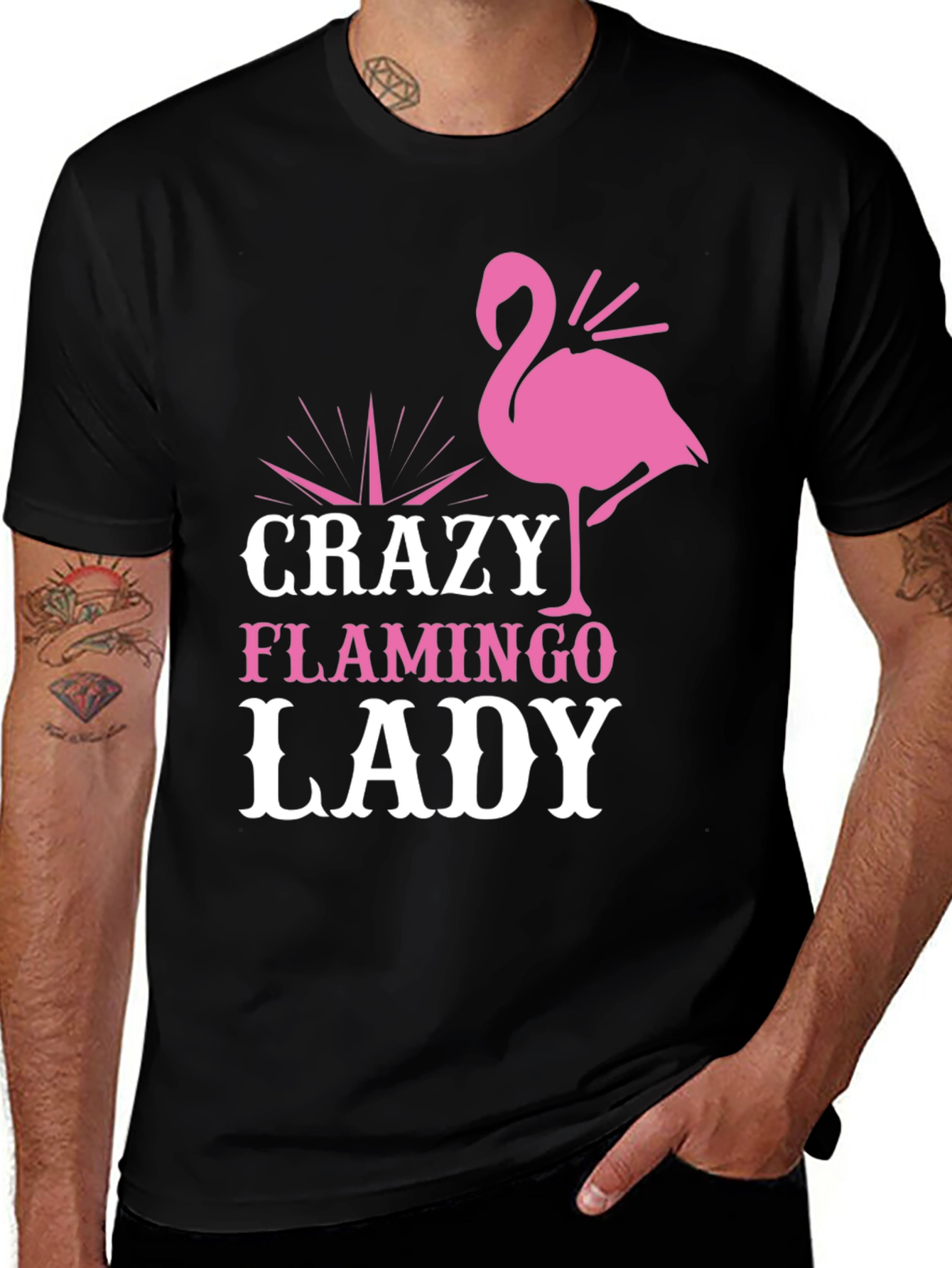 Variant 12 of Crazy Flamingo Lady Graphic Tee - Black Cotton T-Shirt