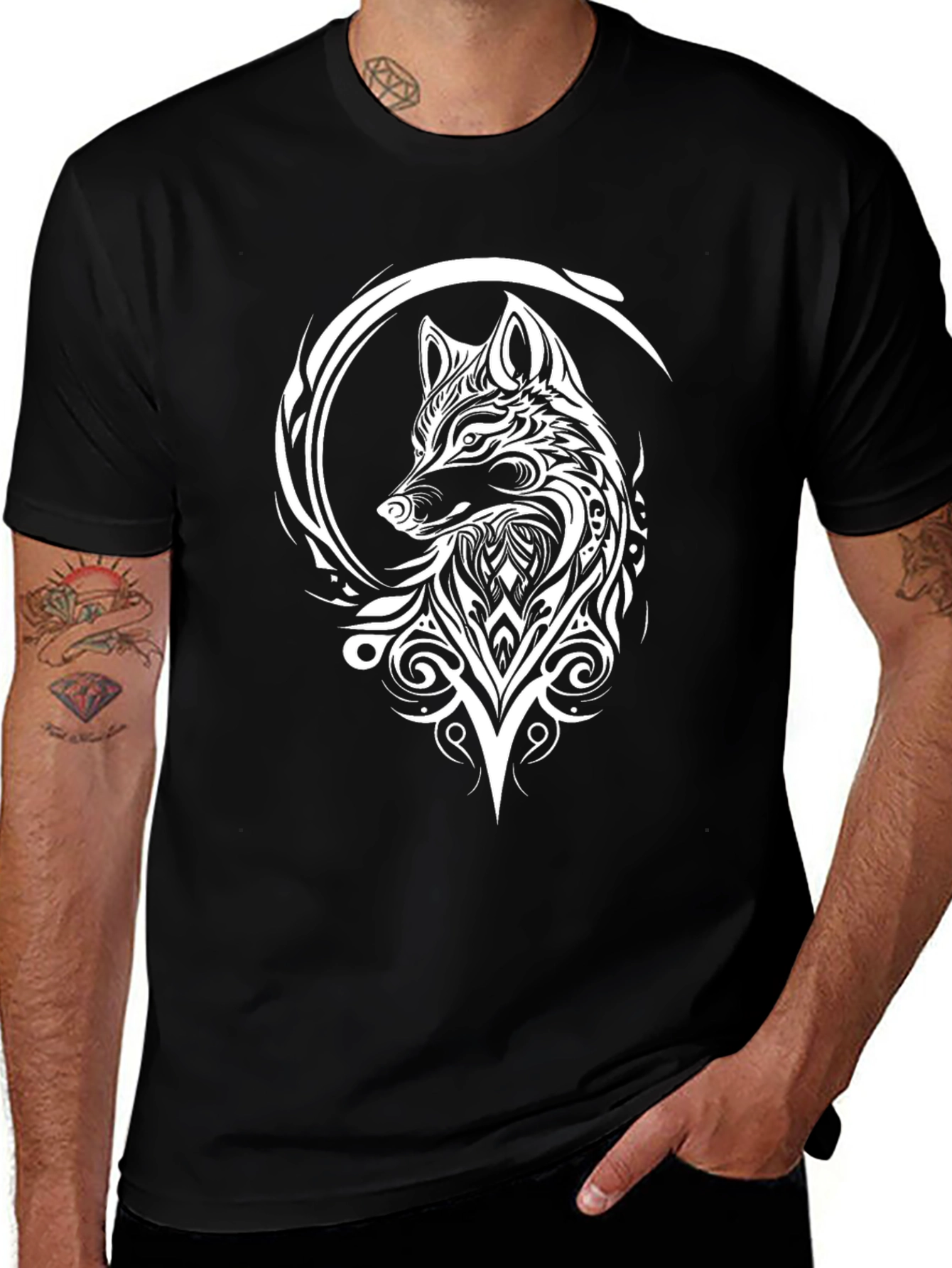 Variant 5 of Tribal Wolf Graphic Tee - Black Cotton Blend