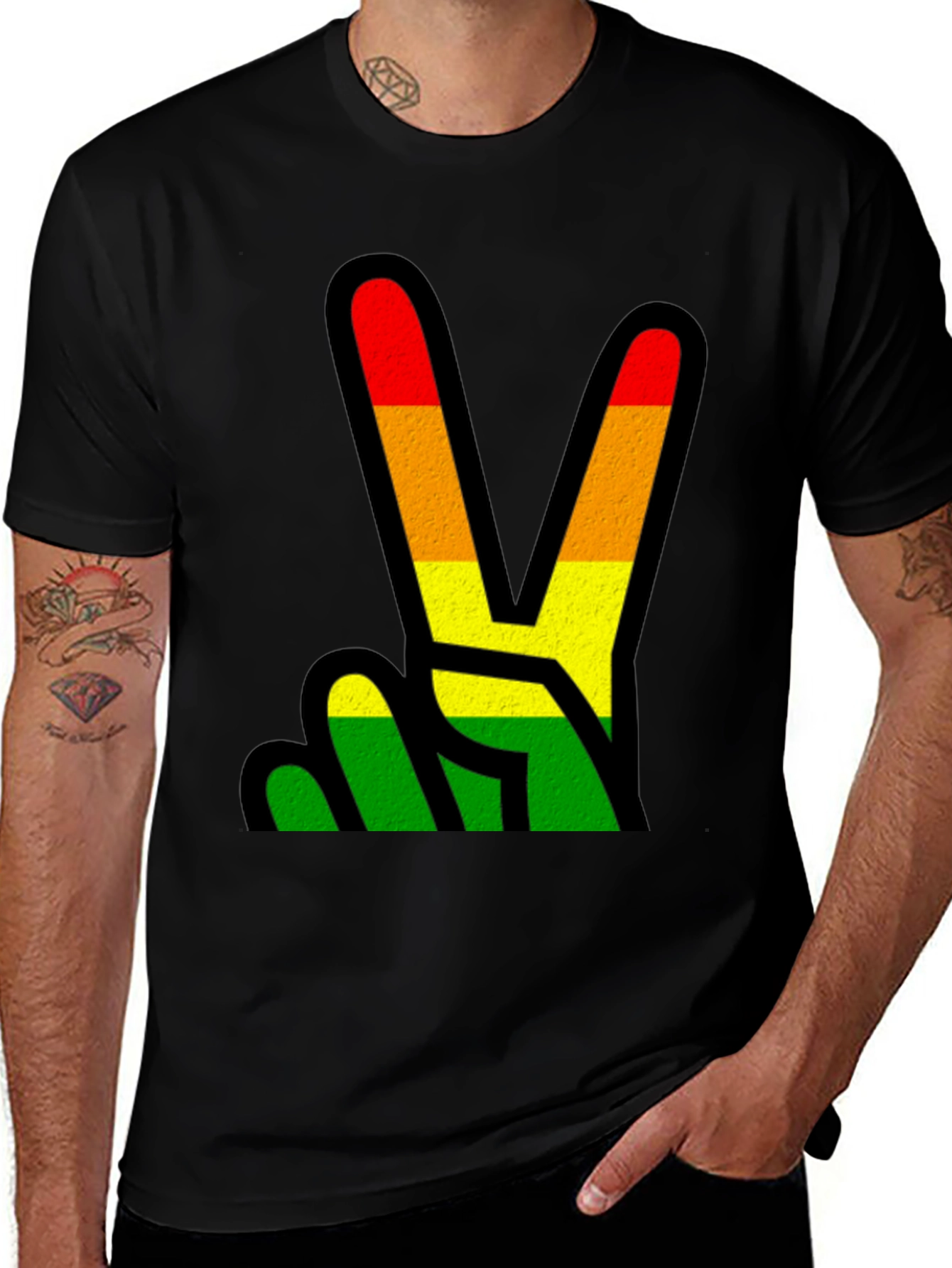 Variant 9 of Peace Sign Rasta Graphic Tee - Black Cotton Comfort