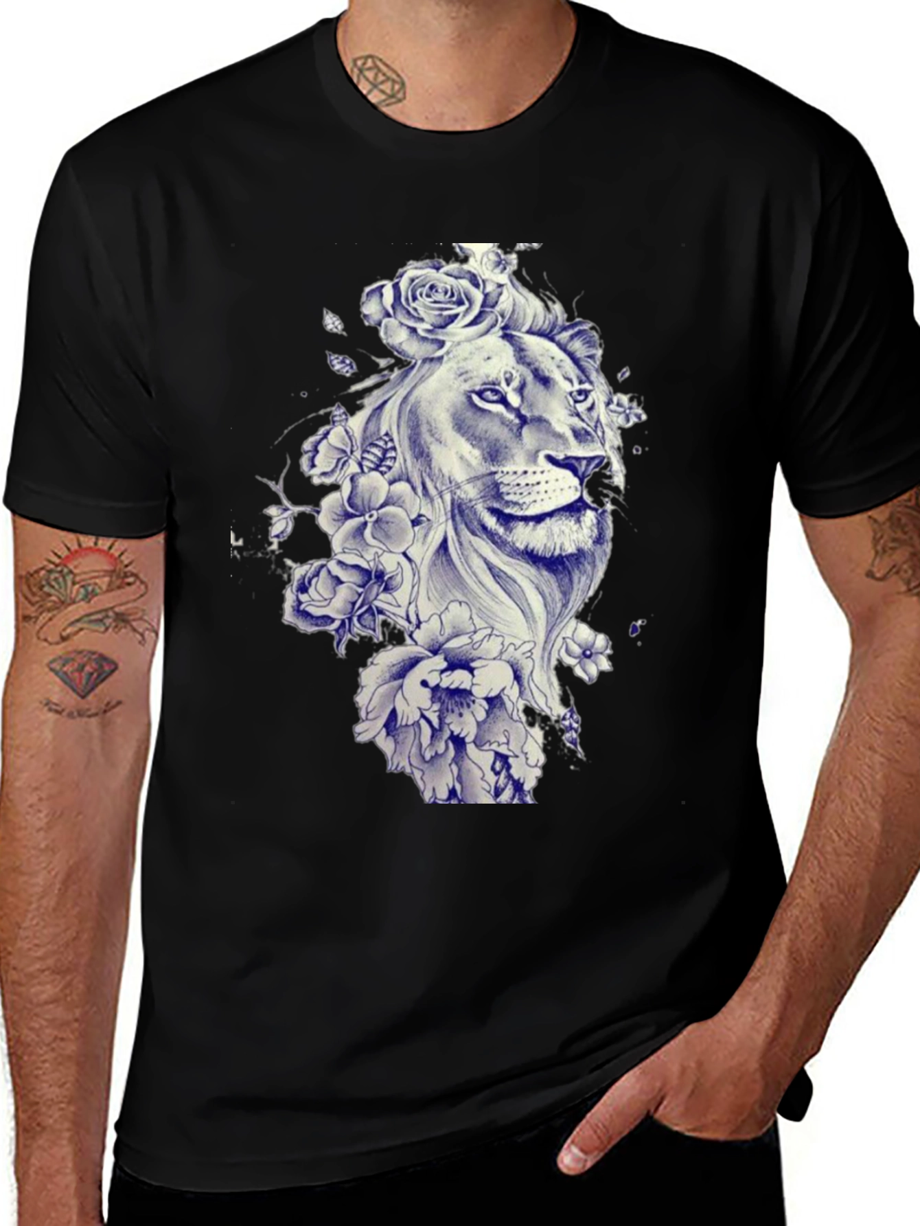 Variant 27 of Lion & Floral Print Tee - Unique Graphic T-Shirt