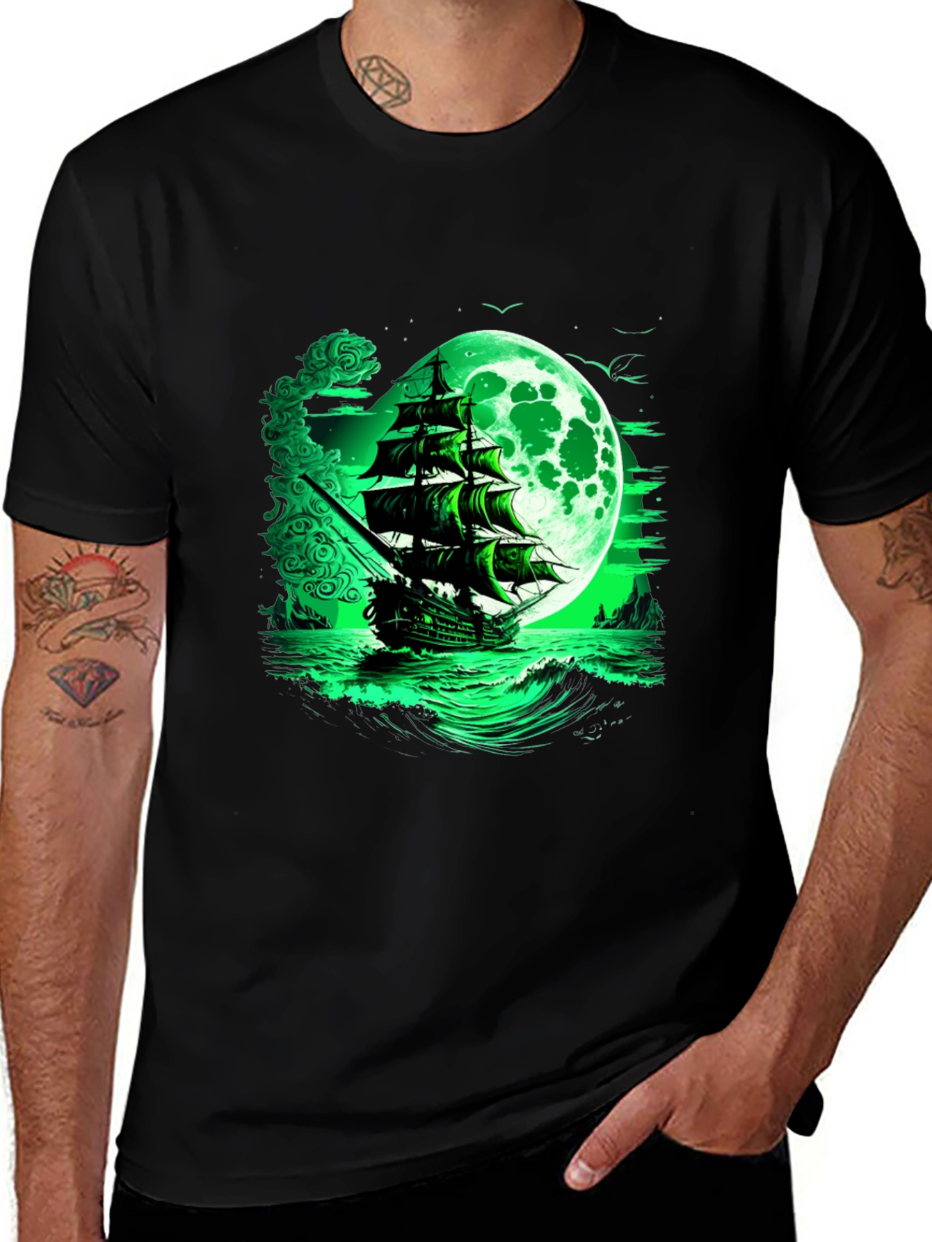 Variant 5 of Mystic Moon Pirate Ship Graphic Tee - Black