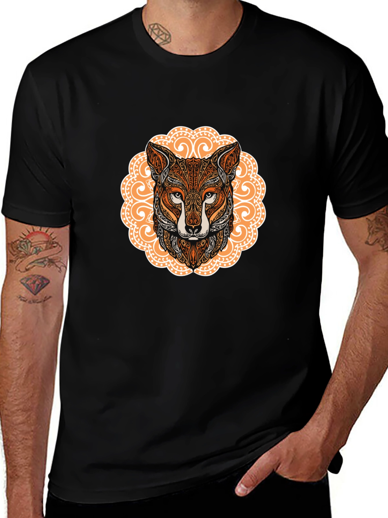 Variant 23 of Ornate Fox Head Graphic Black T-Shirt
