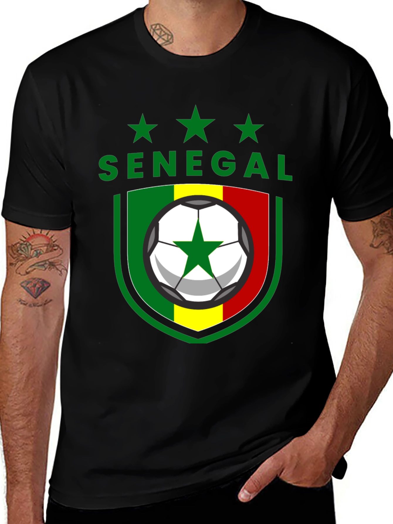 Senegal Soccer Fan T-Shirt - Green Stars & Flag Shield