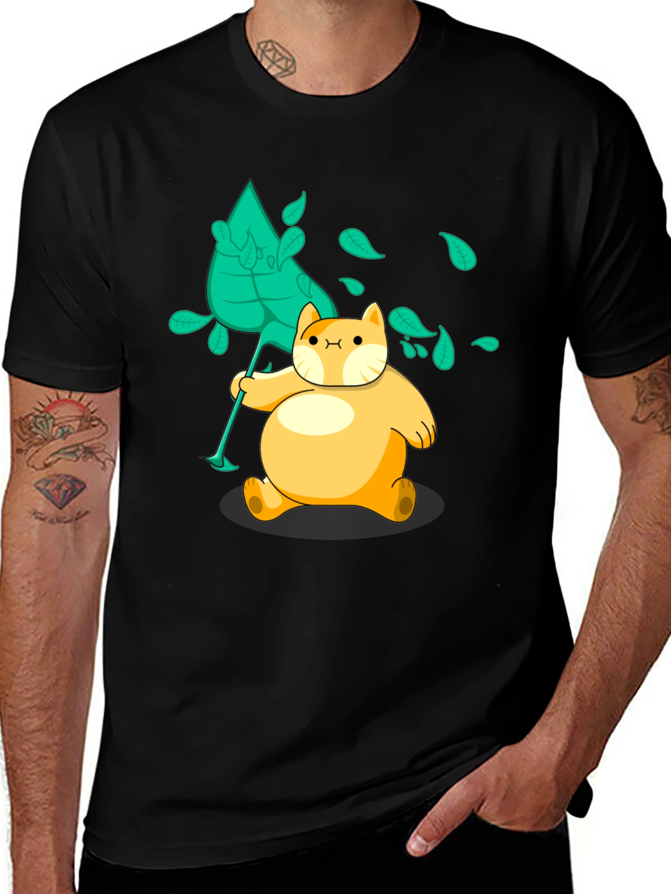Variant 4 of Cartoon Cat Leaf Catching Black T-Shirt