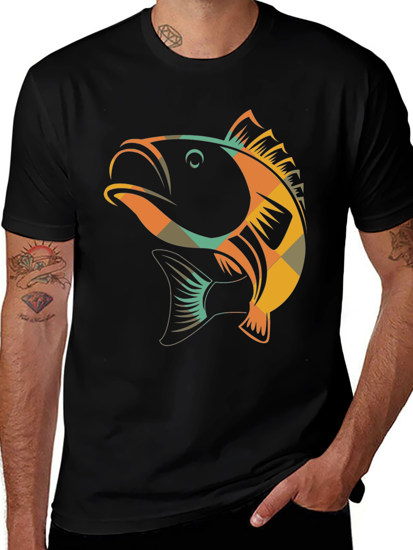 Black Retro Fish Graphic Tee - Black Cotton T-Shirt main image