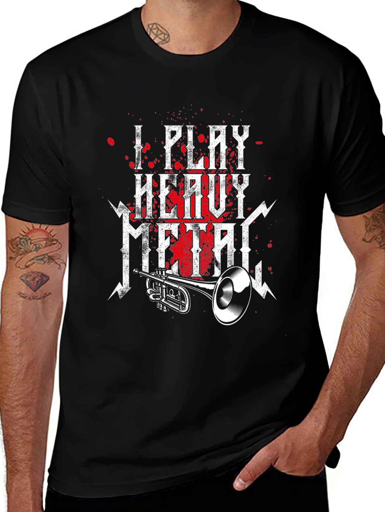 Variant 8 of I Play Heavy Metal T-Shirt Trumpet Music Black Tee