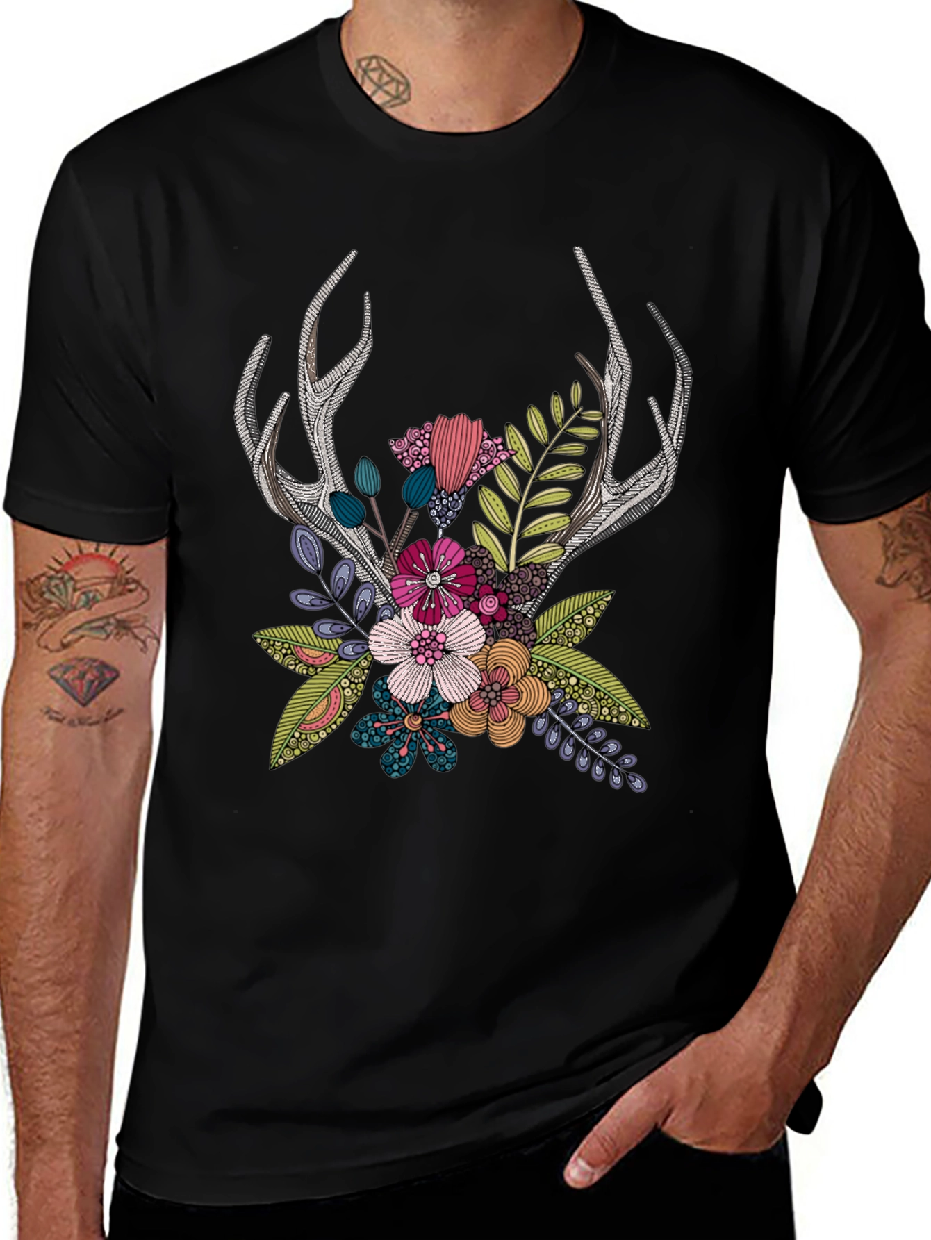 Variant 5 of Antler Floral Graphic Tee - Stylish Men's Black T-Shirt