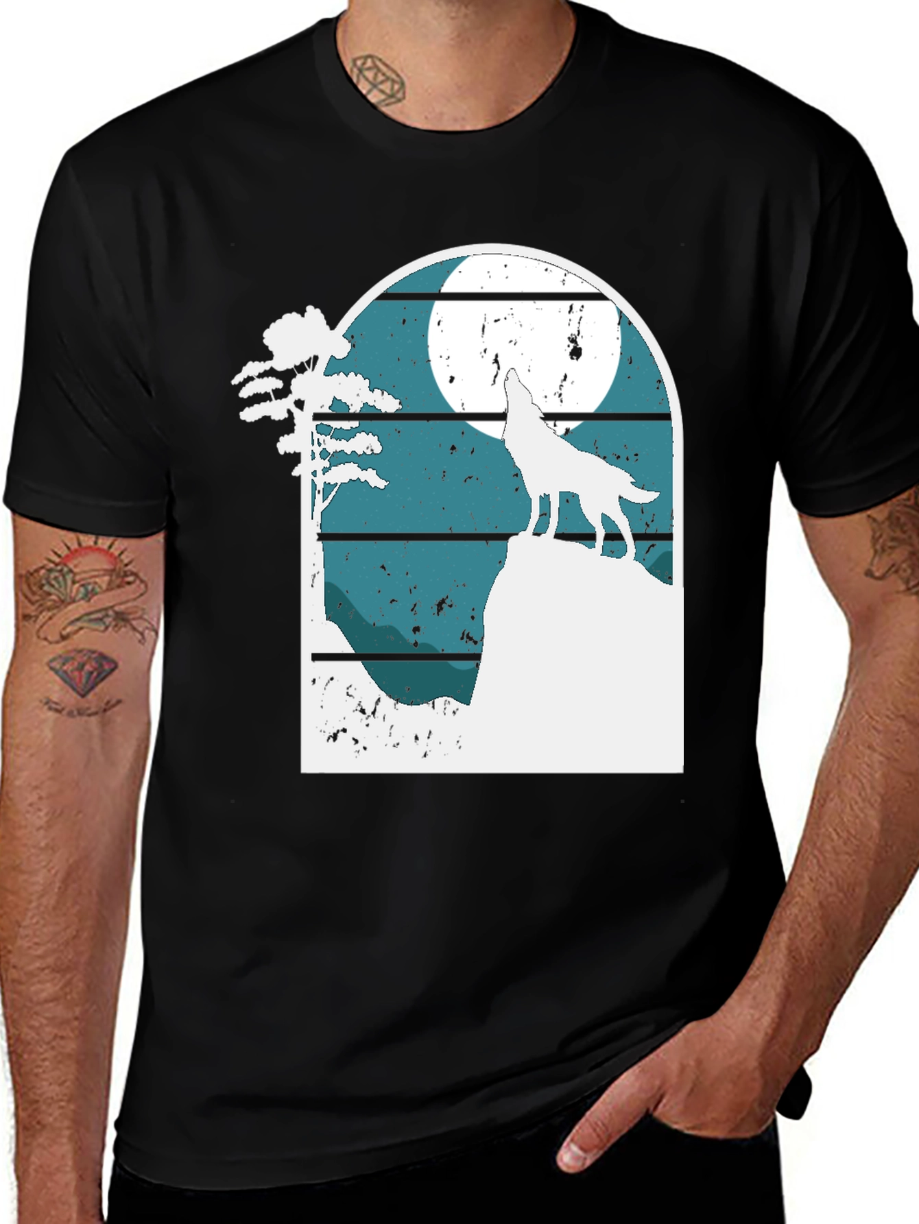 Variant 24 of Wolf Howling at Moon Graphic Tee - Black