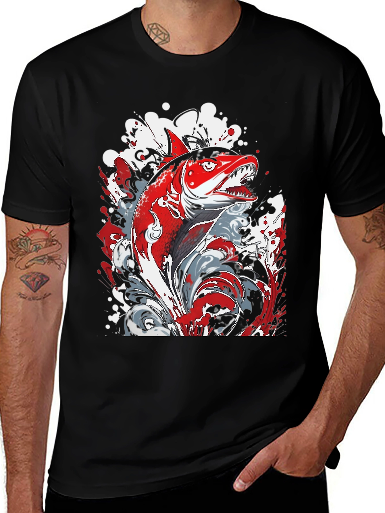 Variant 25 of Red Fish Graphic Print Black T-Shirt