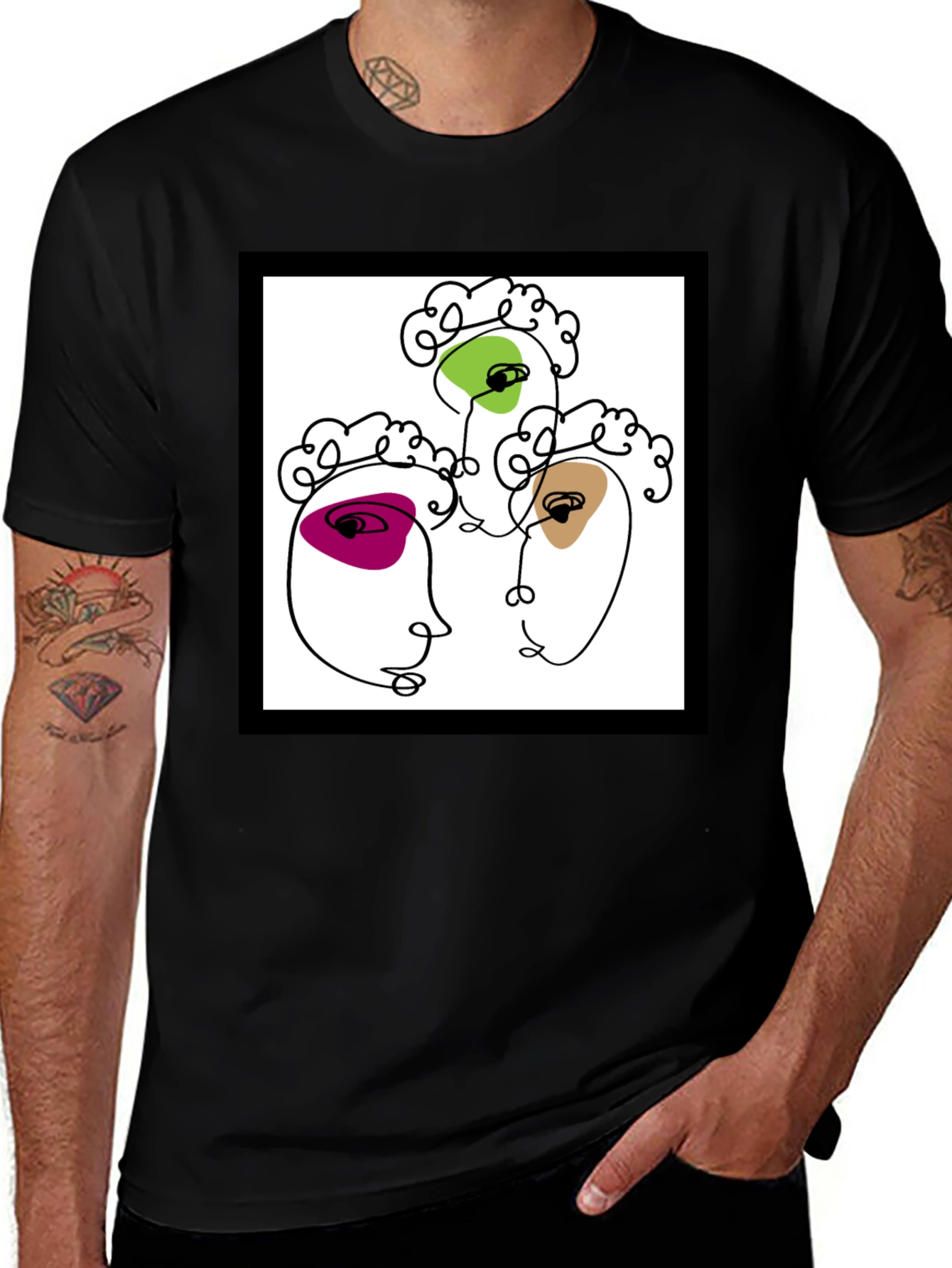 Variant 21 of Abstract Face Line Art Graphic Black T-Shirt