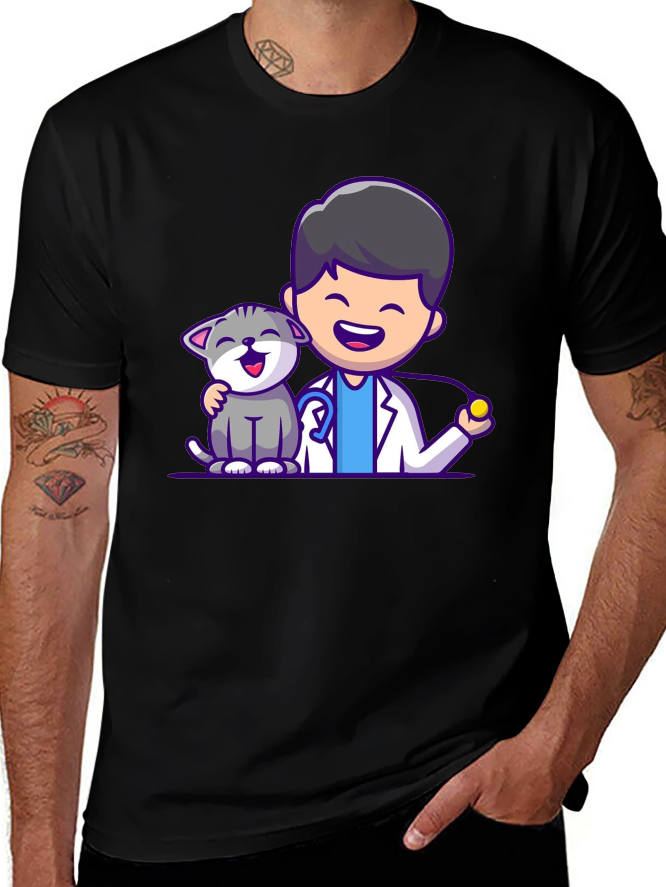 Black Vet & Cat Cartoon T-Shirt - Black main image