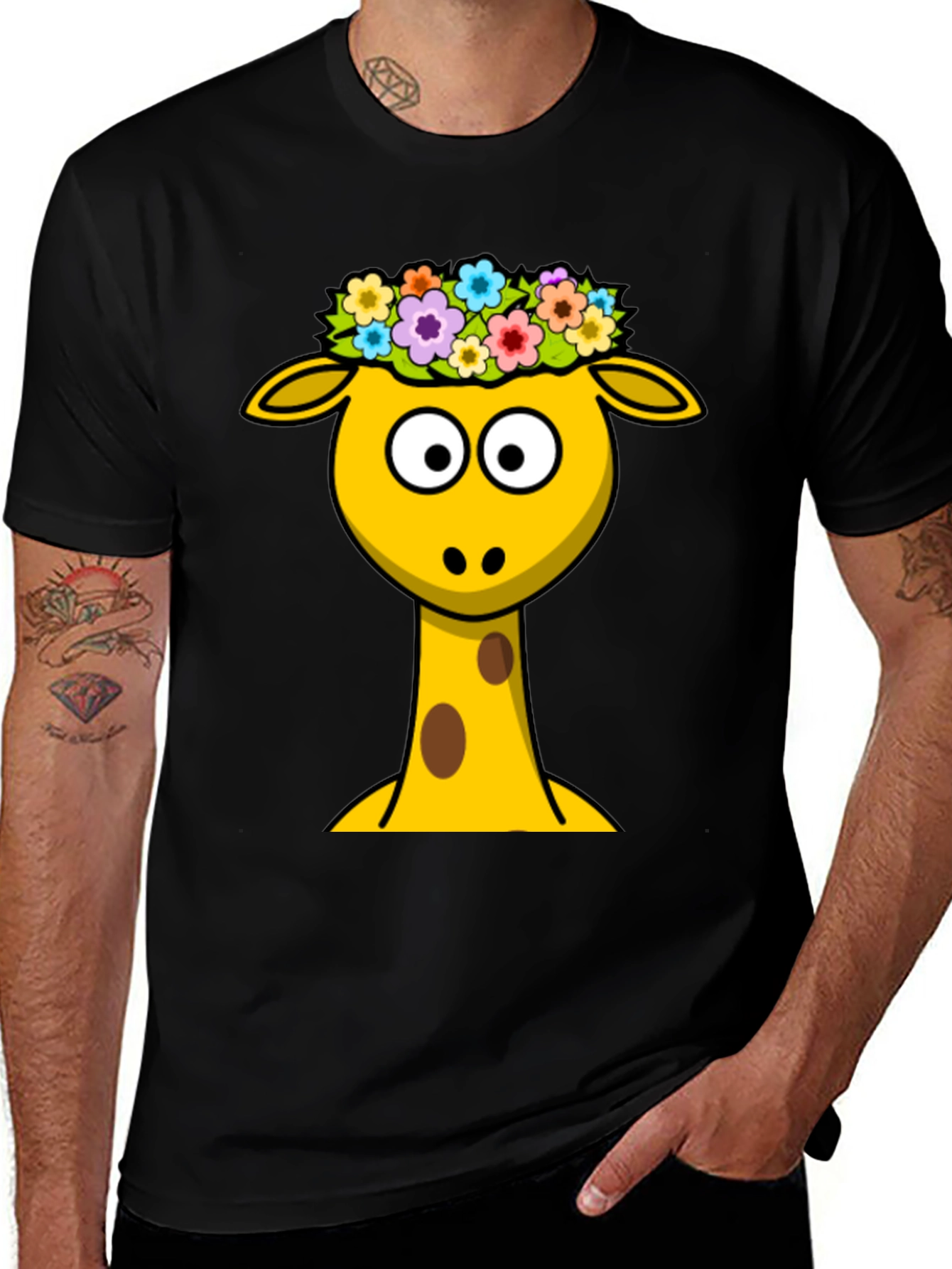 Giraffe with Flower Crown Black T-Shirt