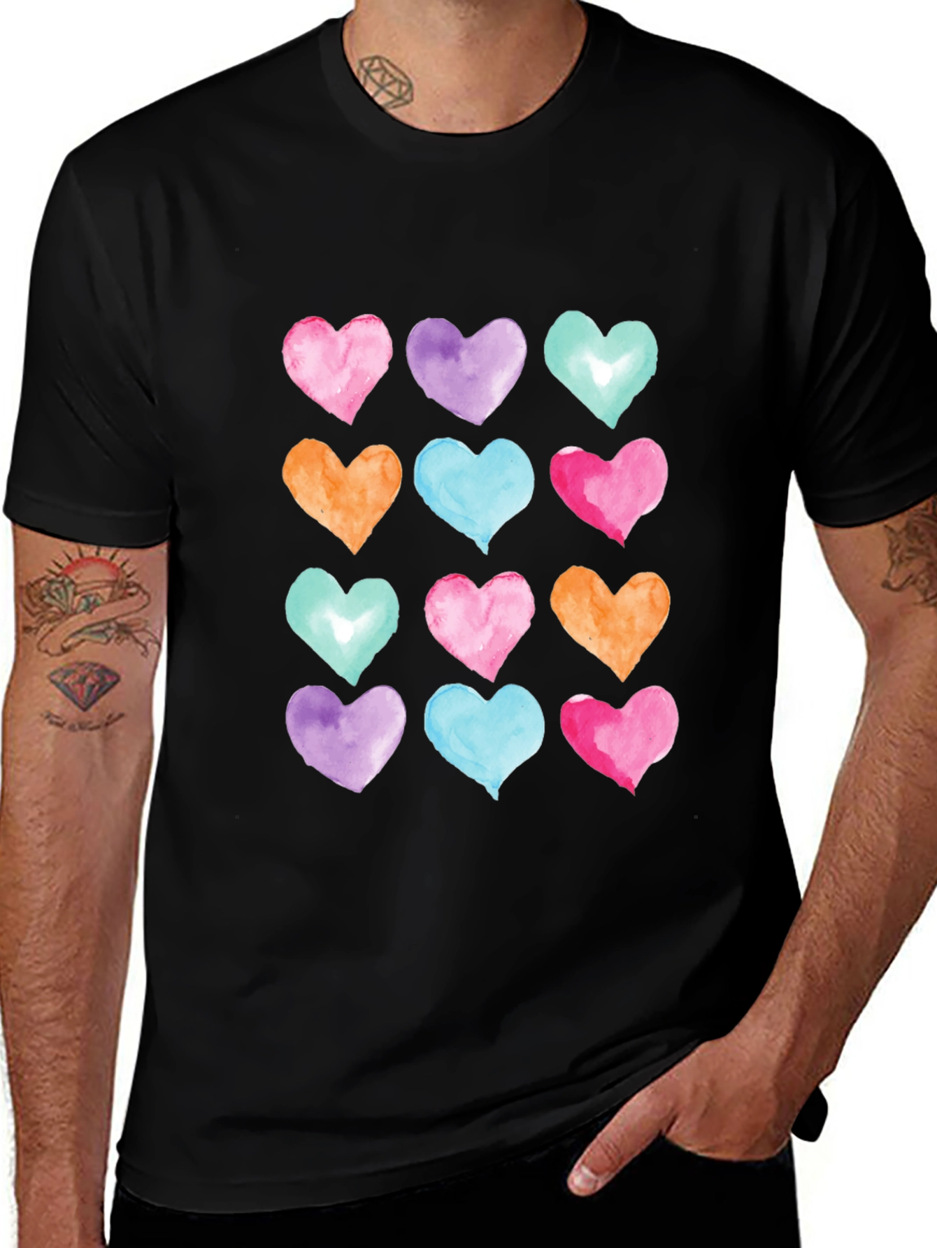 Variant 20 of Watercolor Hearts Graphic Print Black T-Shirt