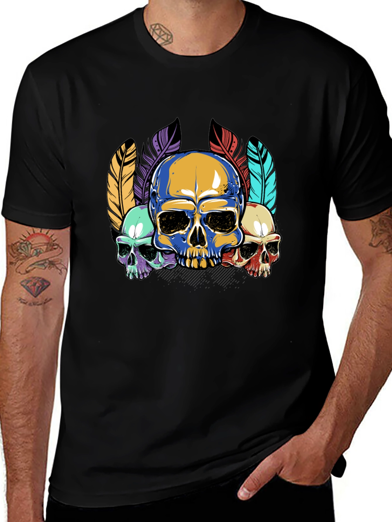 Variant 29 of Skull Feather Graphic Print Men's Black T-Shirt