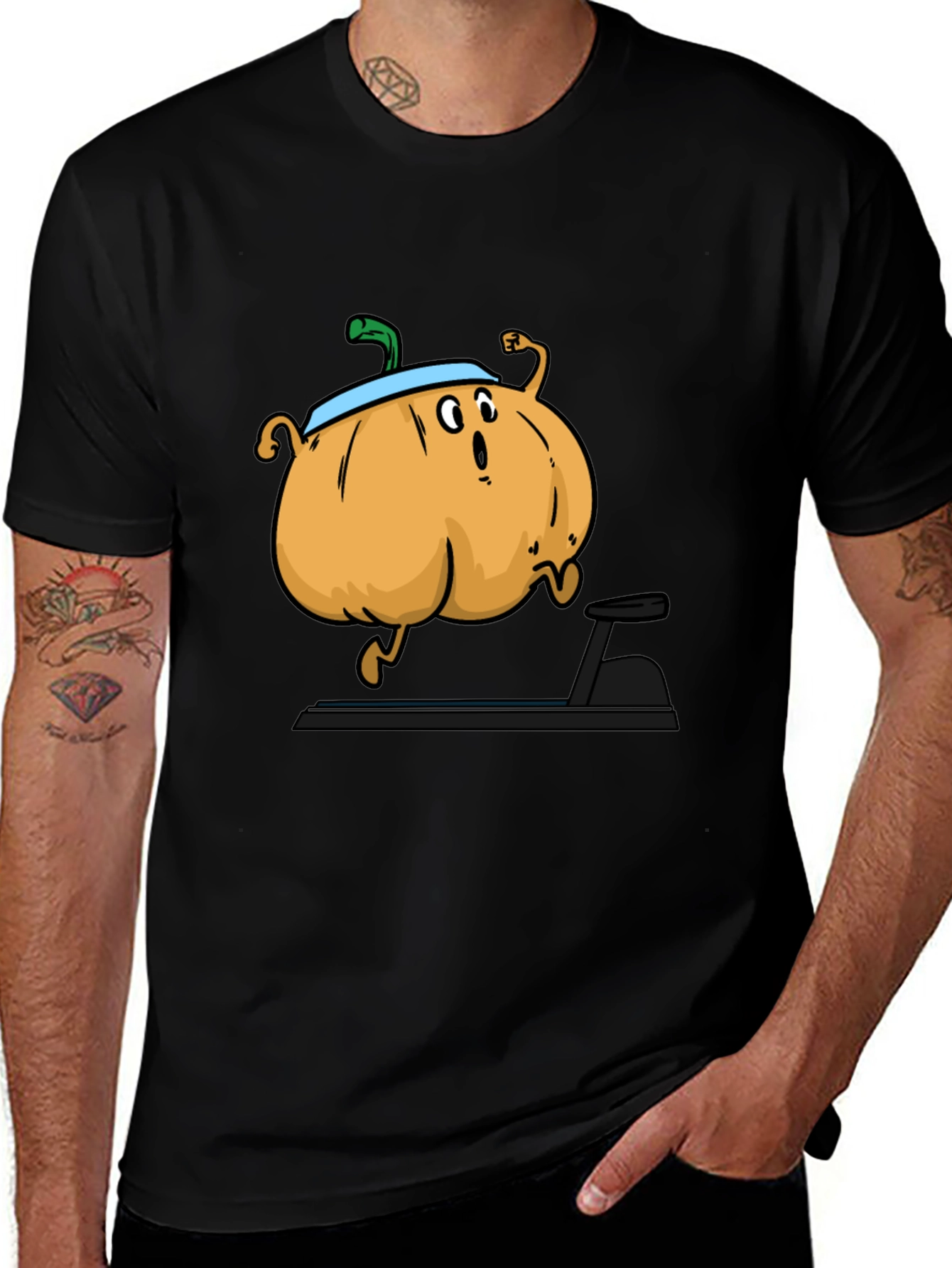 Variant 7 of Funny Pumpkin Treadmill Black T-Shirt