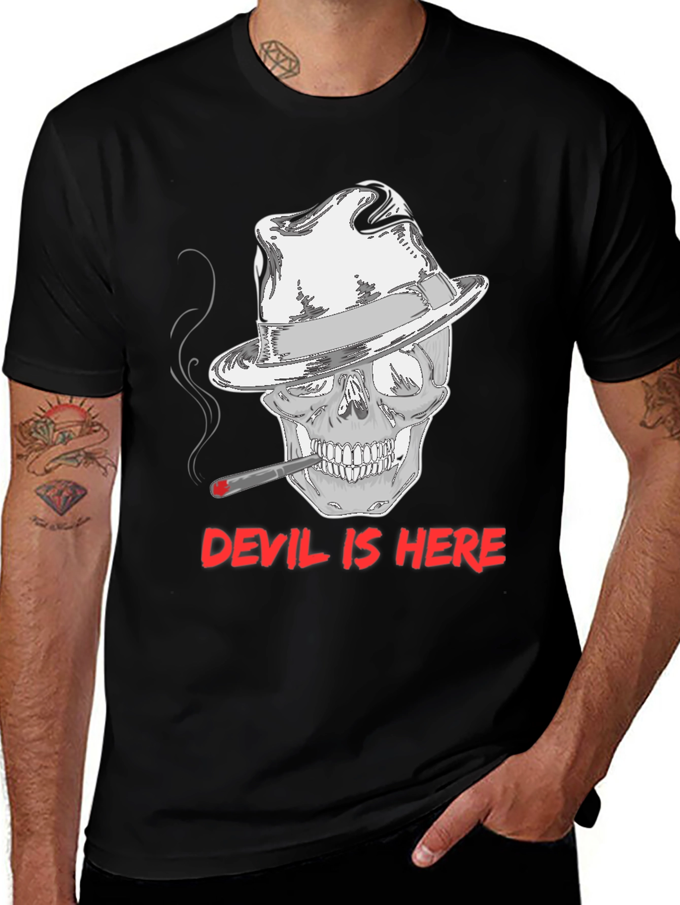 Variant 18 of Devil Is Here Graphic Tee - Skull with Fedora