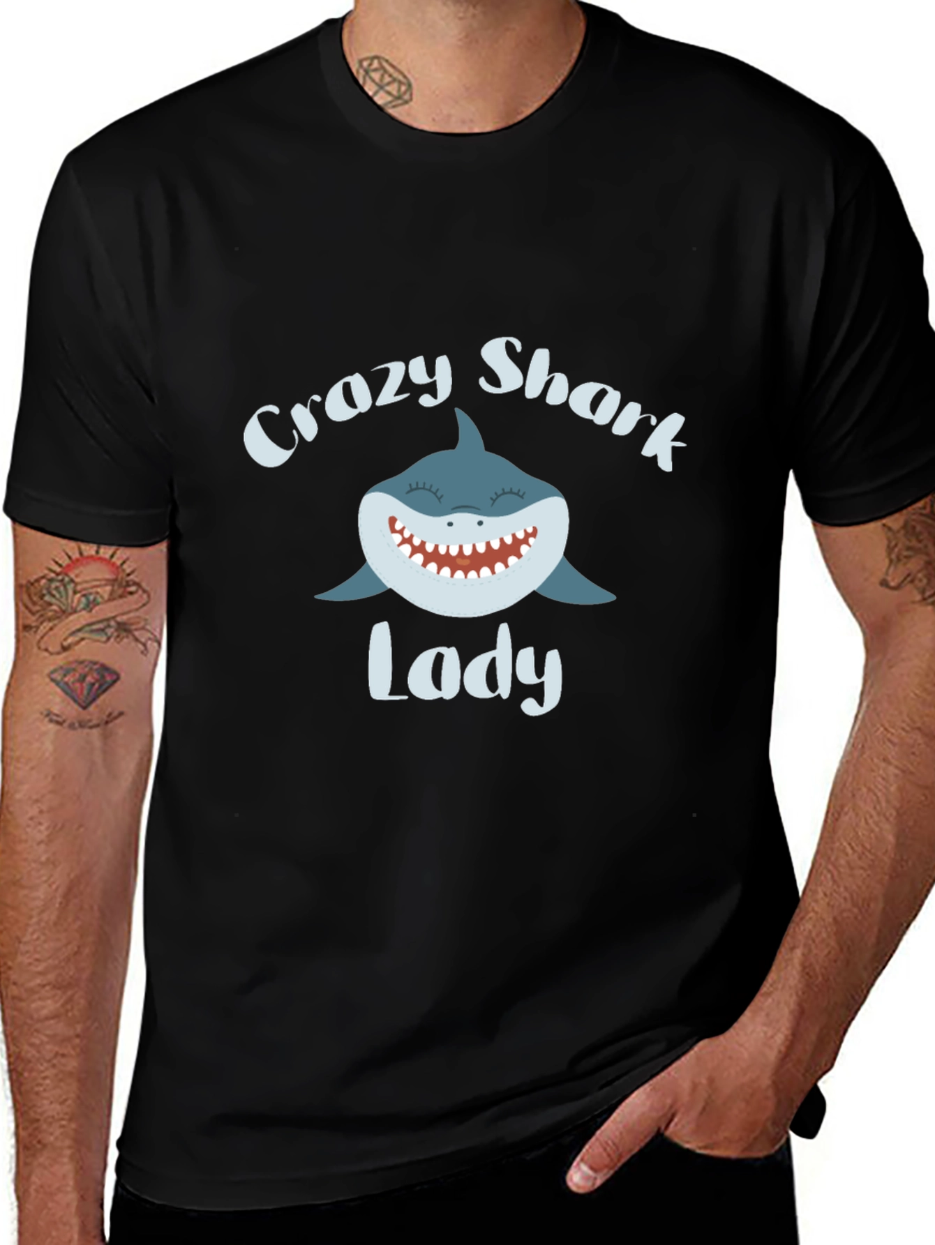 Variant 19 of Crazy Shark Lady Graphic Tee - Black Cotton T-Shirt