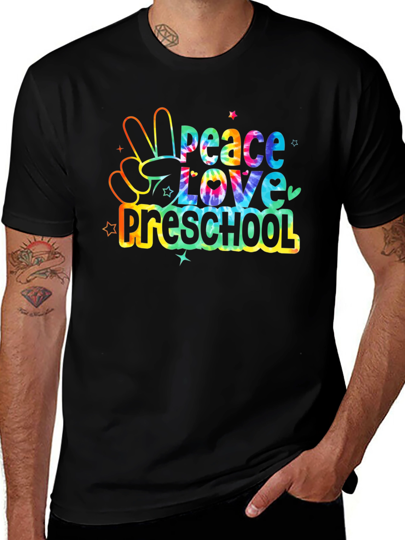 Variant 26 of Peace Love Preschool Teacher Tie Dye T-Shirt