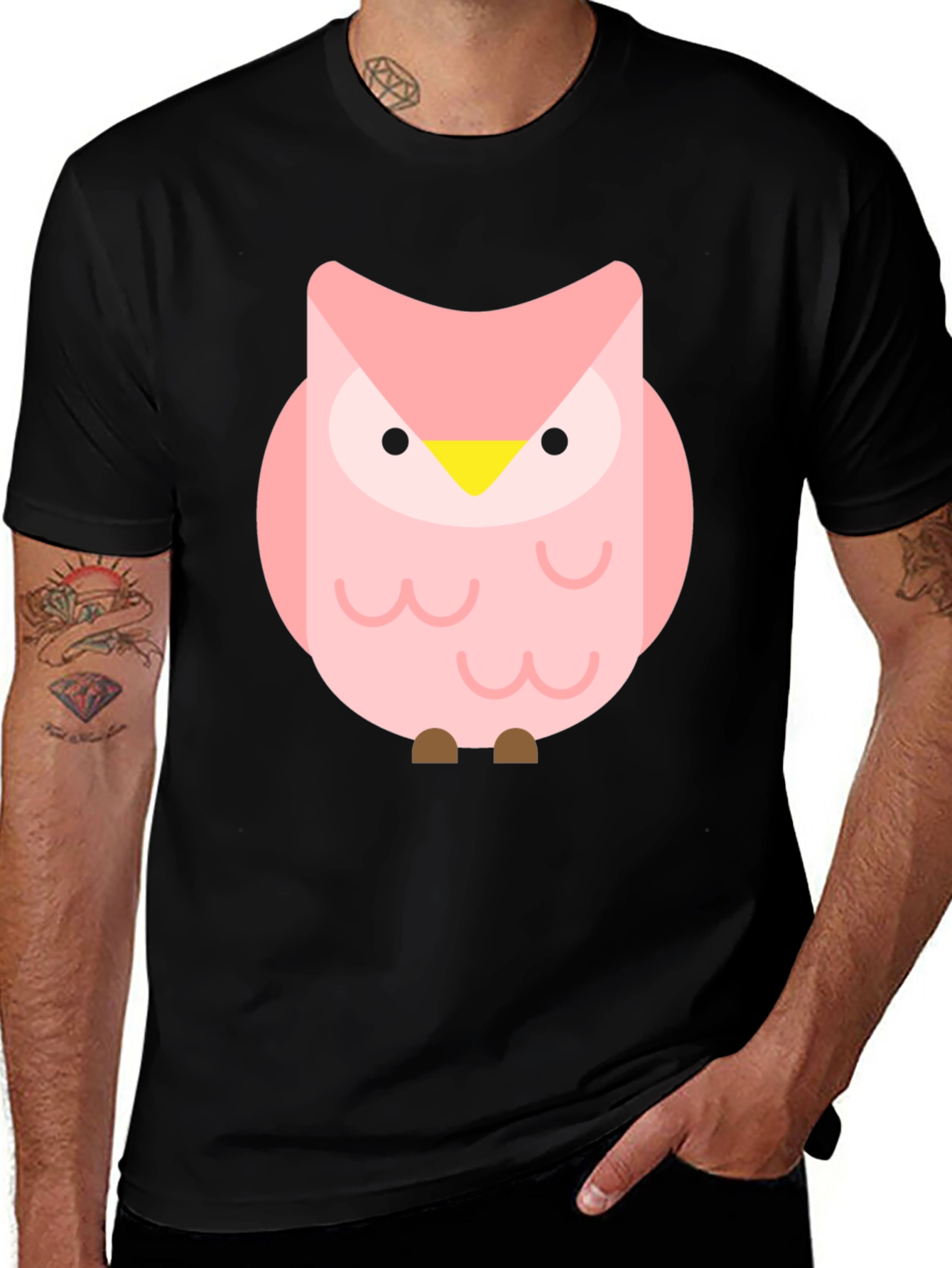 Variant 28 of Cute Pink Owl Graphic Tee - Black Cotton Shirt