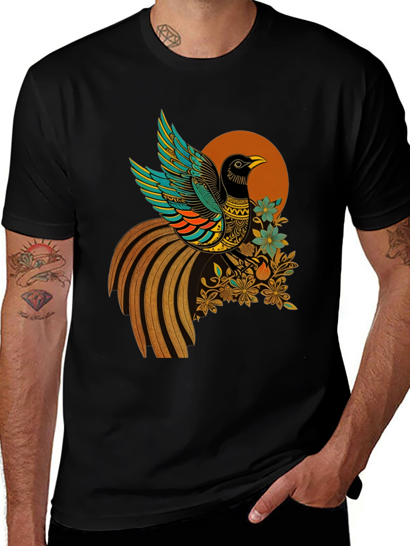 Variant 7 of Black Graphic Tee with Bird and Floral Design
