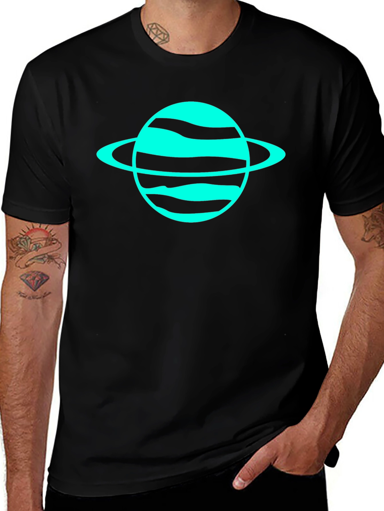 Variant 2 of Planet Saturn Graphic Tee - Black Cotton Casual Shirt