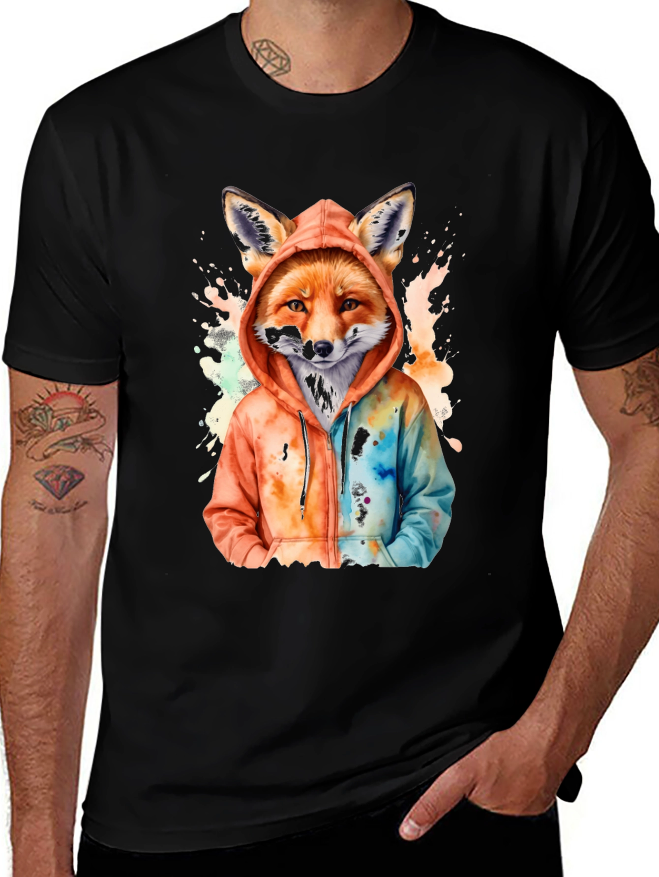 Variant 21 of Fox in Hoodie T-Shirt - Artistic Watercolor Design
