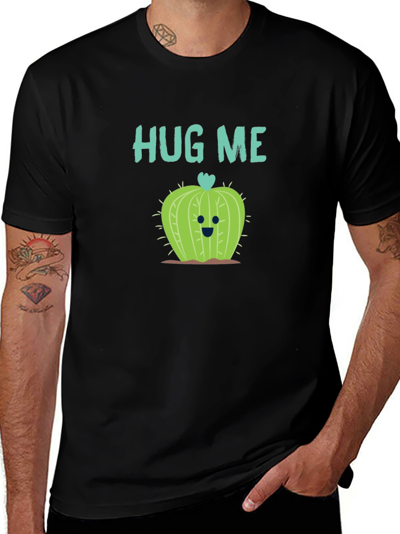 Hug Me Cactus T-Shirt - Black Crew Neck Soft Cotton