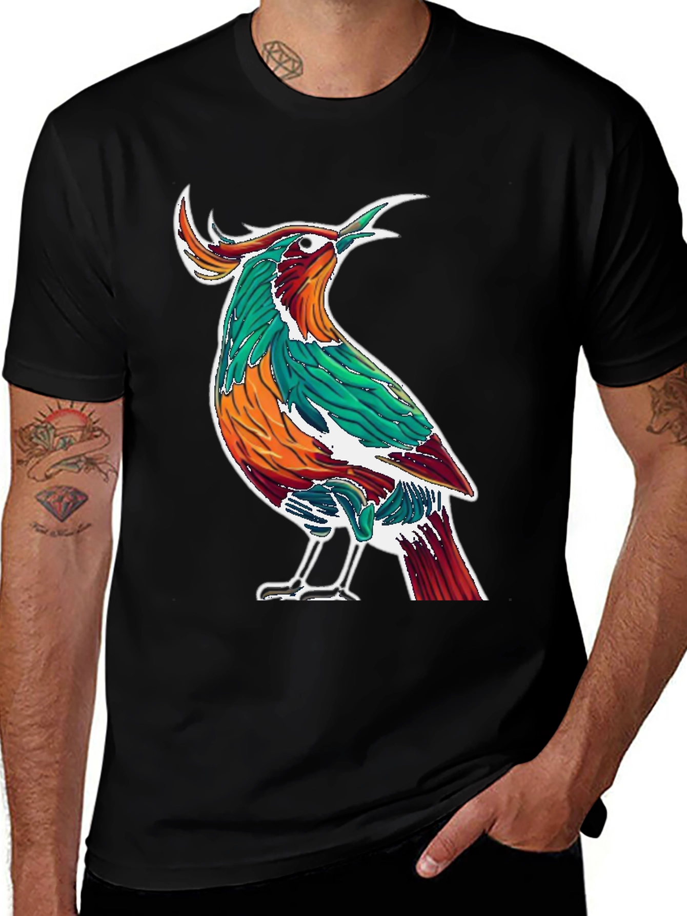 Variant 29 of Artistic Bird Print Black T-Shirt