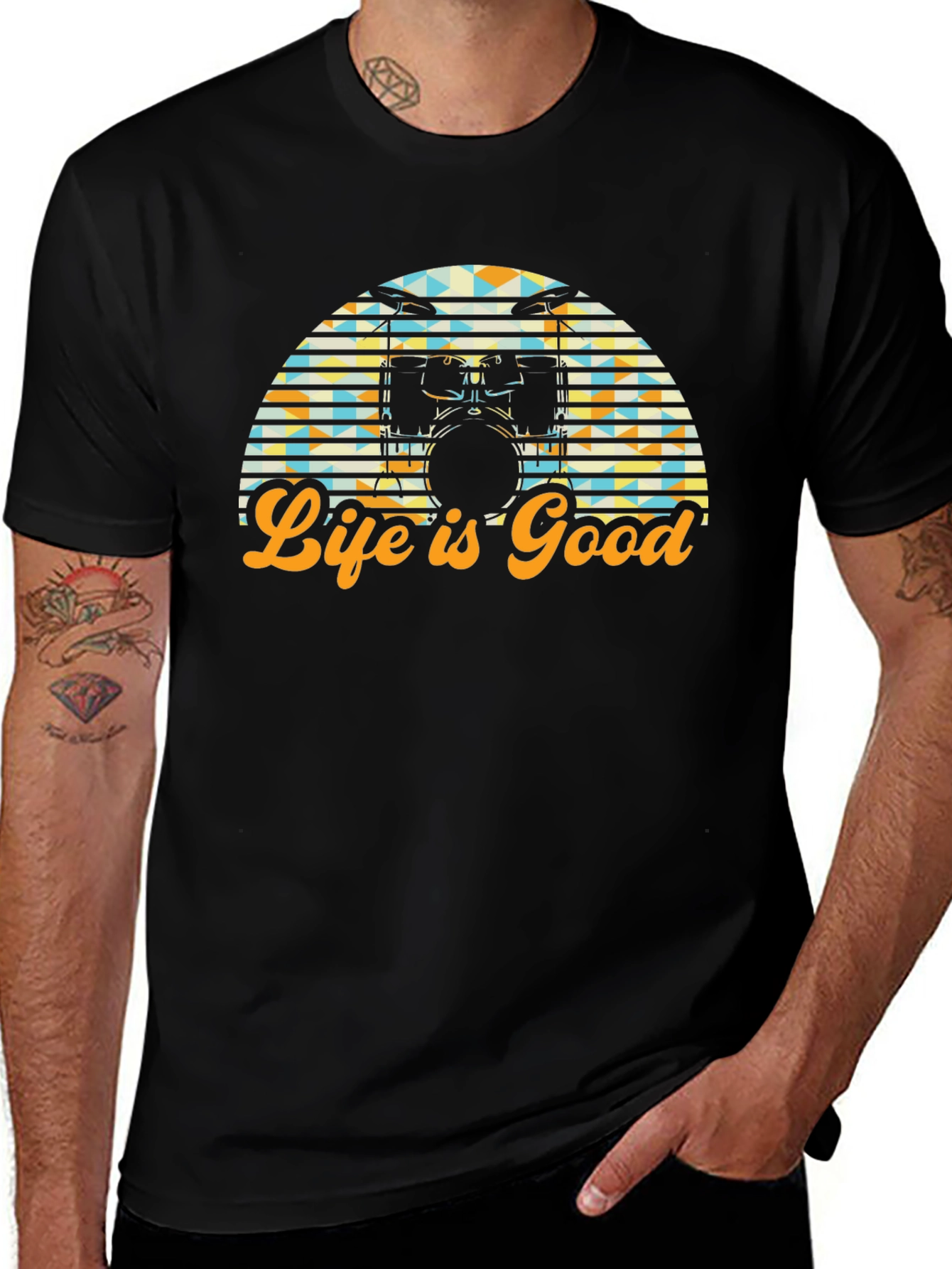 Life is Good Drum Set Graphic Tee - Black