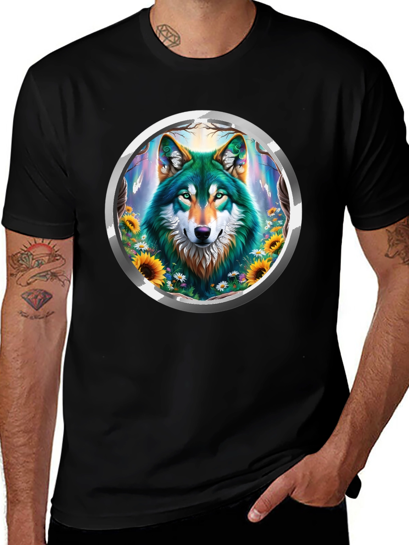 Variant 5 of Wolf Circle Graphic Tee - Nature Inspired Design