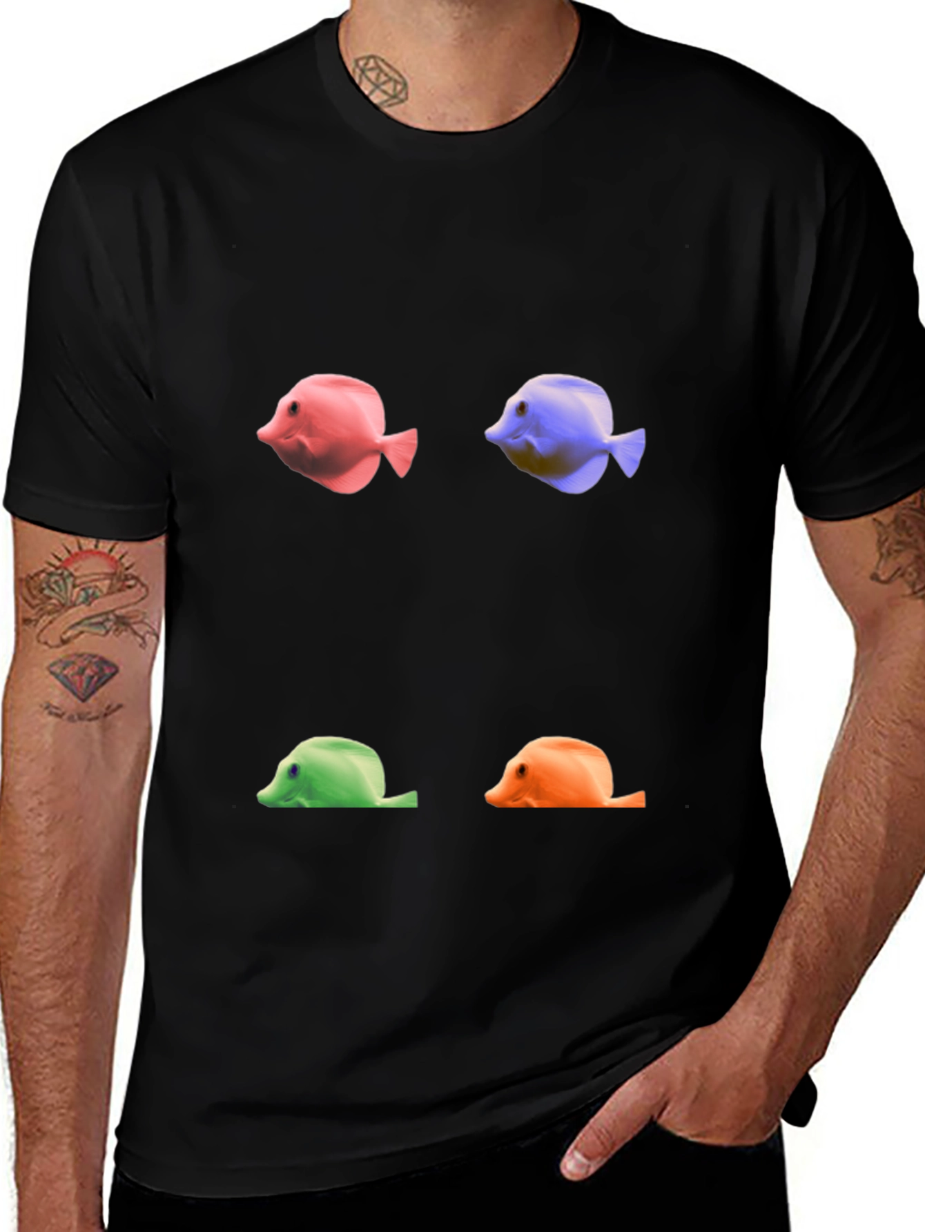 Variant 12 of Colorful Fish Graphic Tee - Unique Black T-Shirt
